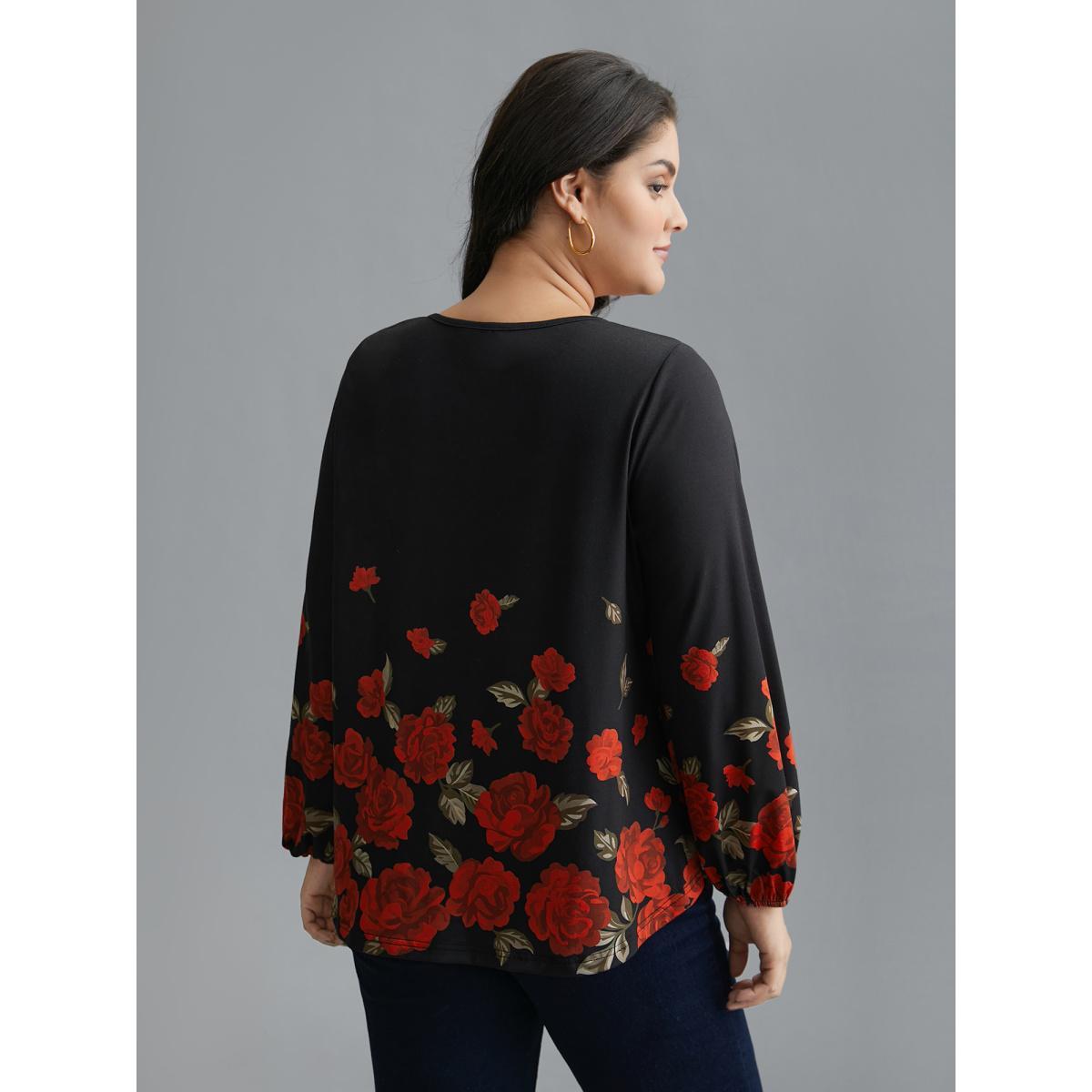 Plus Size Floral Hem V-Neck Stretchy T-shirt Black Women Elegant Contrast Natural Flowers V-neck Everyday T-shirts BloomChic 18-20/2X Product Image