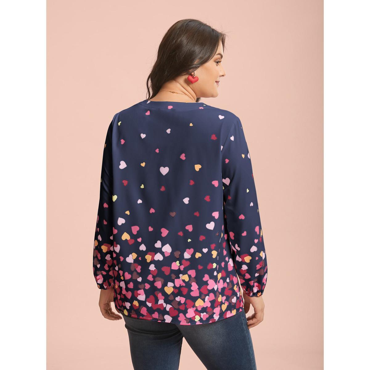 Plus Size Indigo Notched Collar Multi-Color Hearts Blouse Women Elegant Extra Long Sleeve Flat collar with V-notch Everyday Blouses BloomChic 18-20/2X Product Image