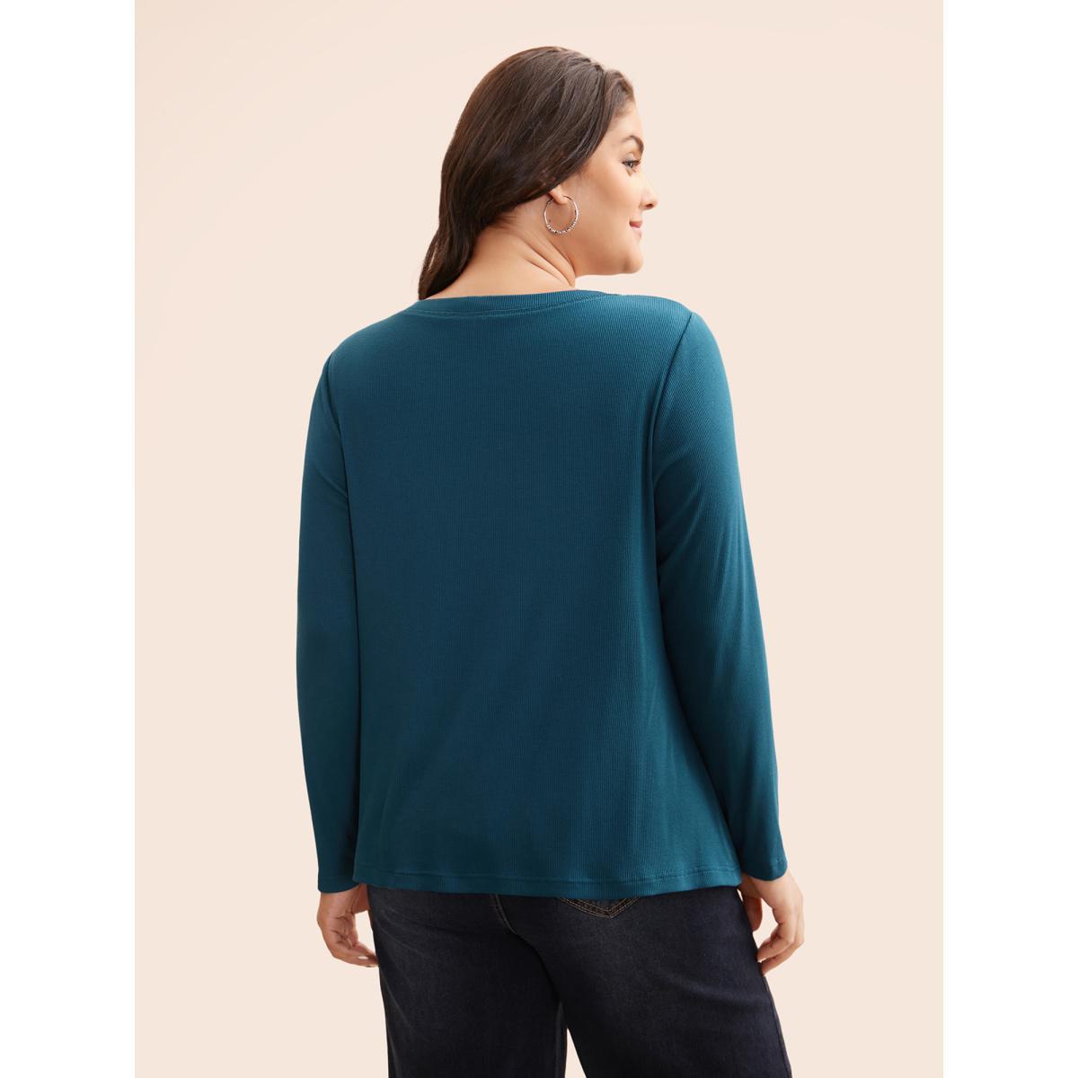 Plus Size Solid Notched Collar Rib Knit T-shirt Aegean Women Casual Texture Notched collar Everyday T-shirts BloomChic 22-24/3X Product Image