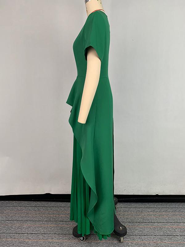 A-Line High Waisted Pleated Solid Color Split-Joint Round-Neck Maxi Dresses Product Image