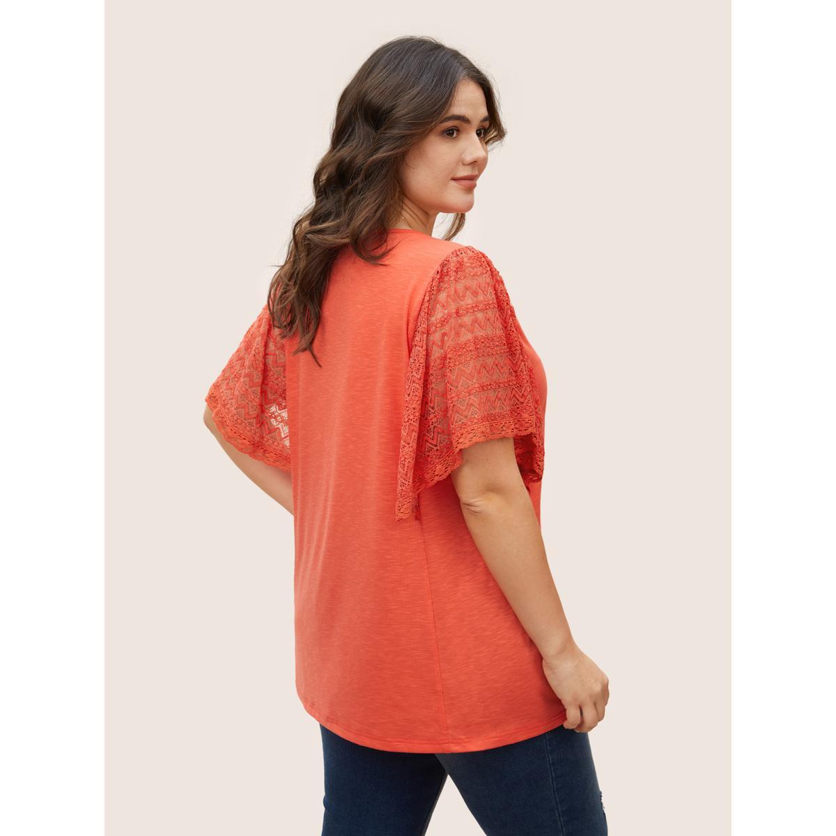 Plus Size Crochet Lace Mesh Flutter Sleeve T-shirt OrangeRed Women Resort Patchwork Round Neck Vacation T-shirts BloomChic 10/M Product Image