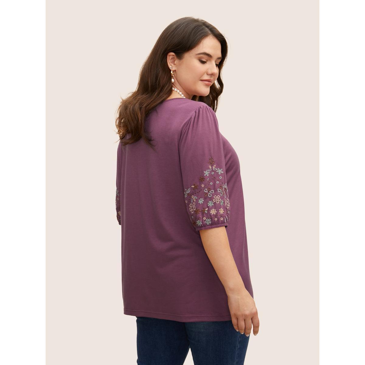 Plus Size Floral Embroidered Crew Neck Puff Sleeve T-shirt Deeppurplered Women Elegant Embroidered Round Neck Everyday T-shirts BloomChic 10/M Product Image