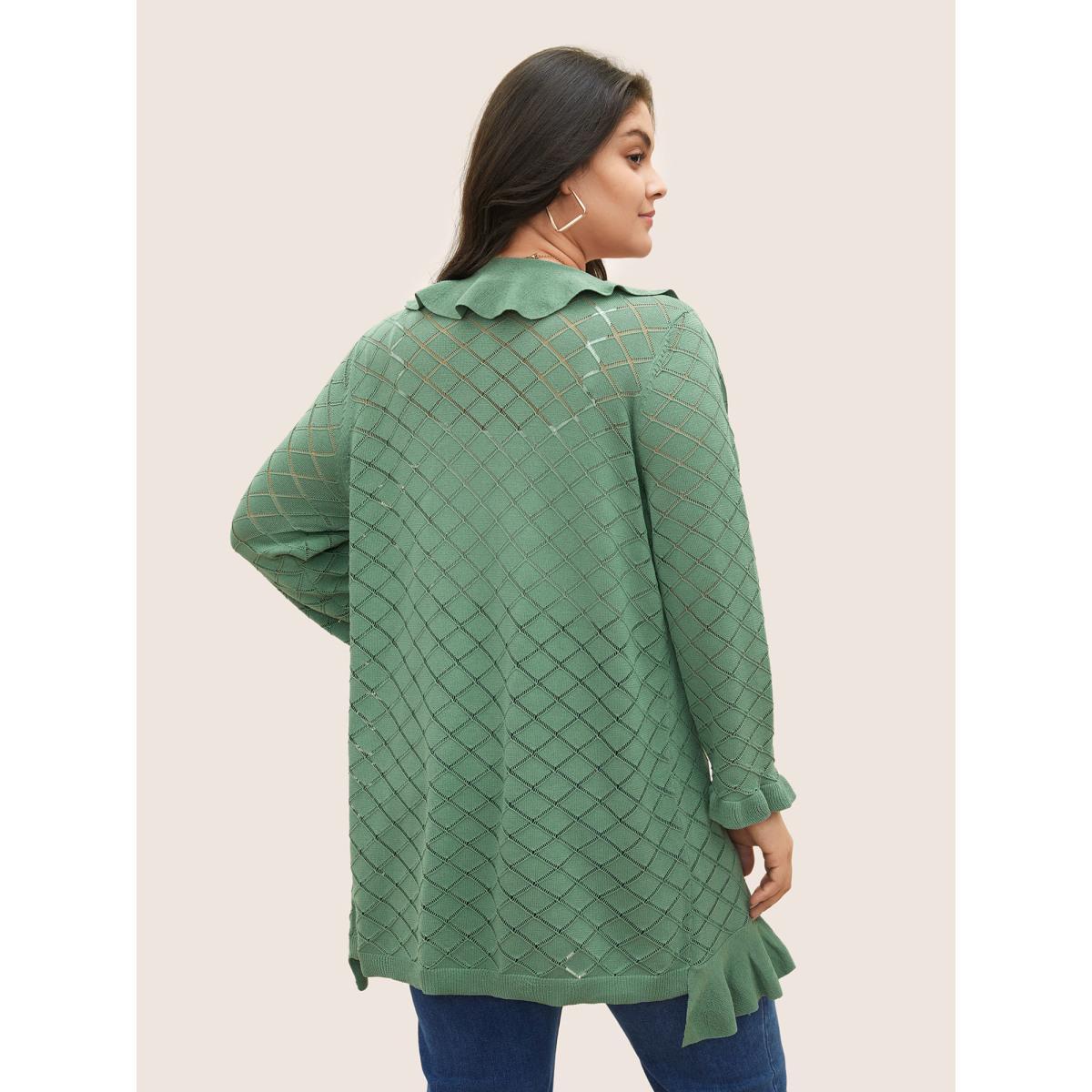 Plus Size Plain Geometric Cut Out Ruffles Ties Cardigan Emerald Women Everyday Elegant Cover Ups Bloomchic 30/6X Product Image