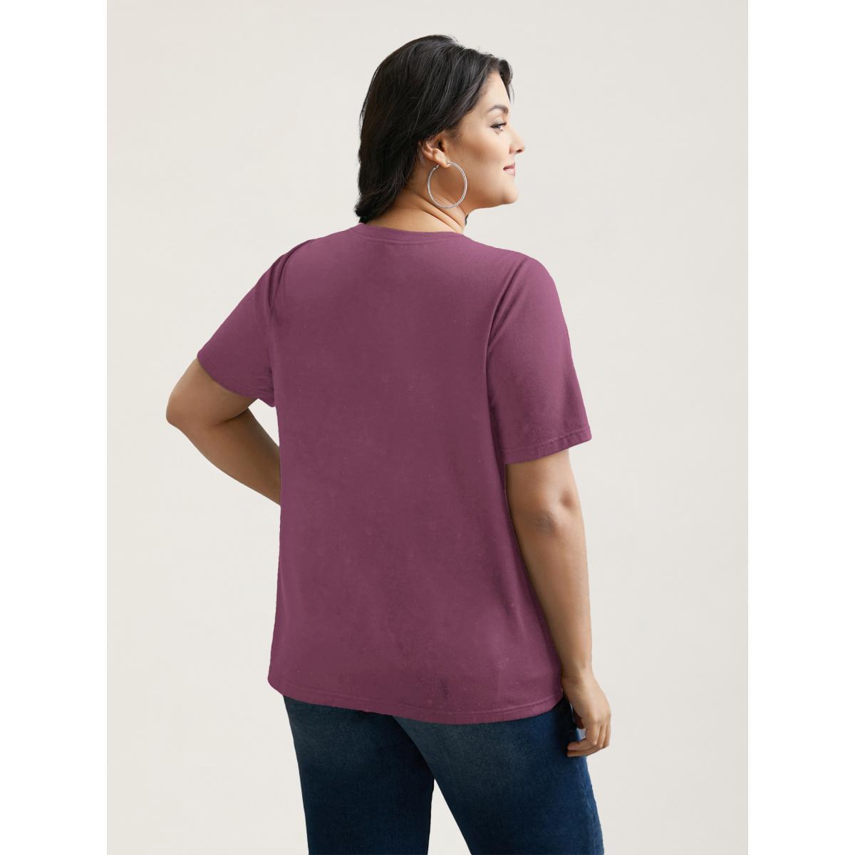 Plus Size Crew Neck Rhinestone Heart T-Shirt Deeppurplered Women Casual Rhinestone detailing Round Neck Everyday T-shirts BloomChic 22-24/3X Product Image