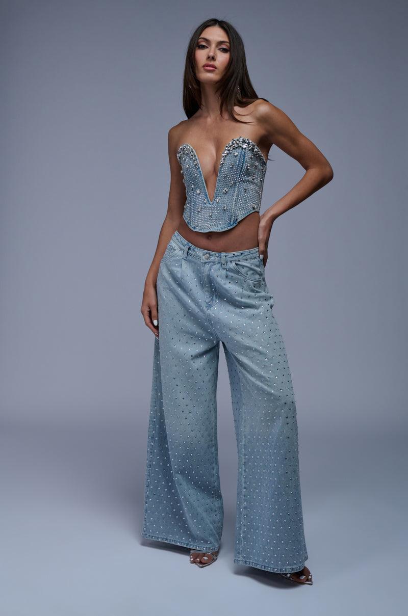 DAZZLED RHINESTONE STUDDED DENIM PANTS Product Image