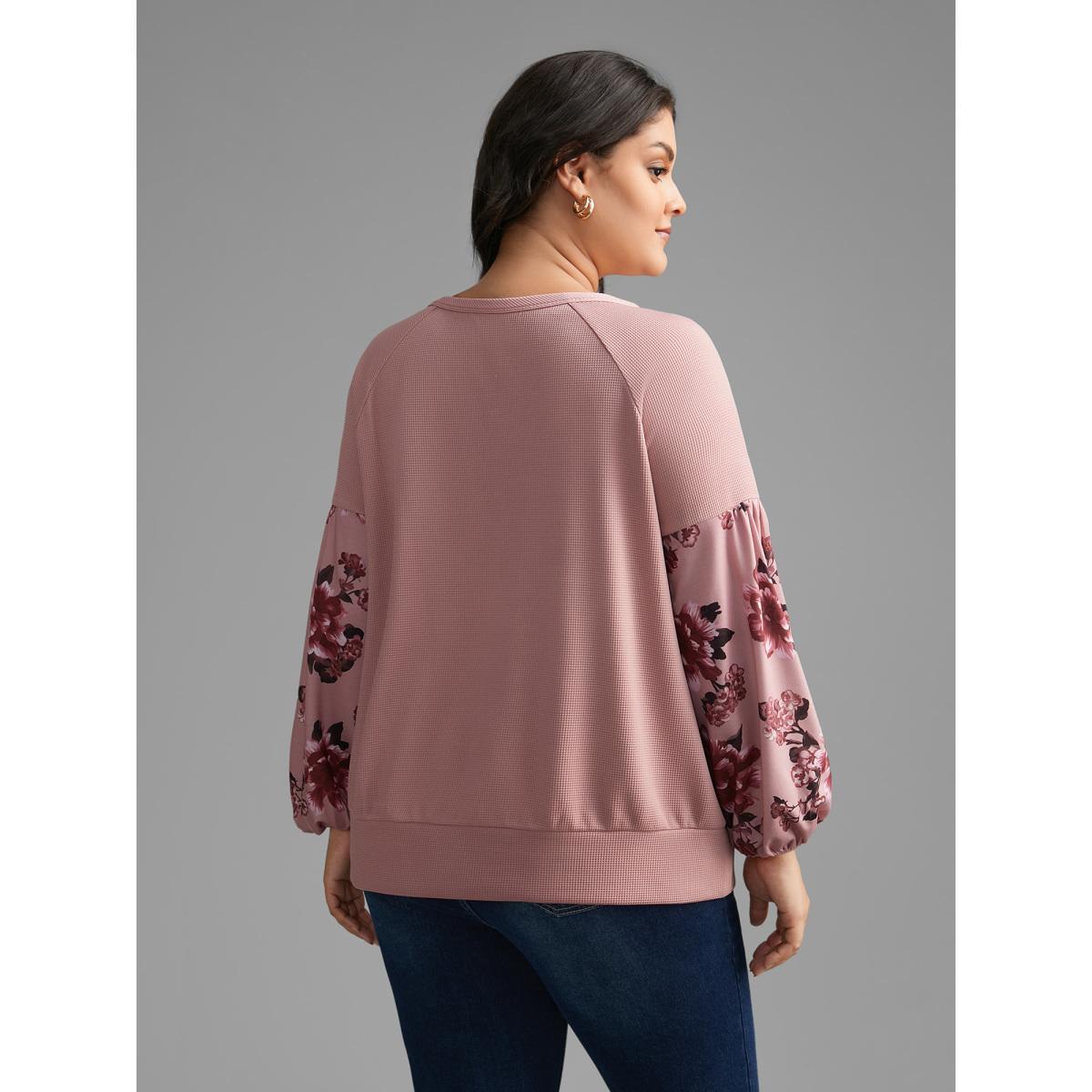 Plus Size Round Neck Floral Patchwork Woven Ribbon Sweatshirt Women Multicolor Elegant Woven ribbon&lace trim Round Neck Everyday Sweatshirts BloomChic 12/L Product Image