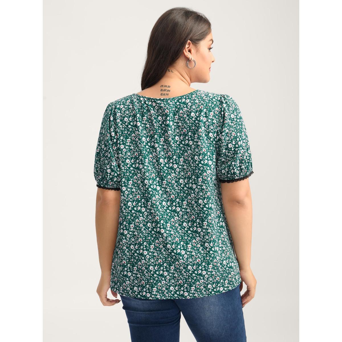 Plus Size DarkGreen Ditsy Floral Print Lace Trim Blouse Women Short sleeve V-neck Everyday-Elegant Blouses BloomChic 12/L Product Image