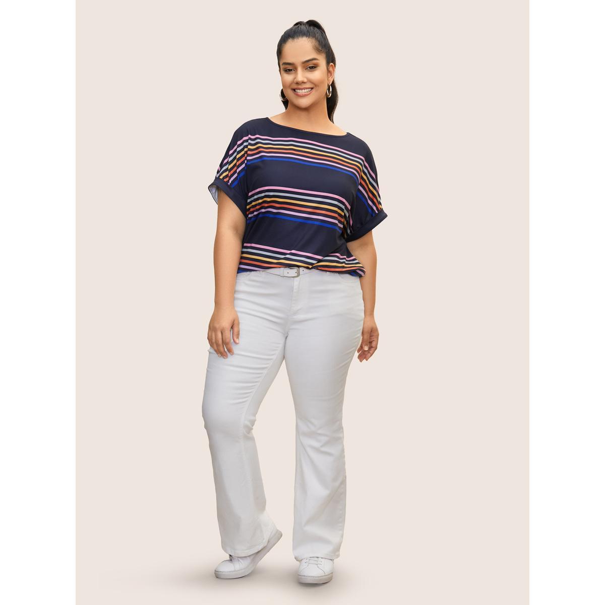 Plus Size Colored Striped Boat Neck Batwing Sleeve T-shirt Indigo Women Casual Contrast Boat Neck Everyday T-shirts BloomChic 28/5X Product Image