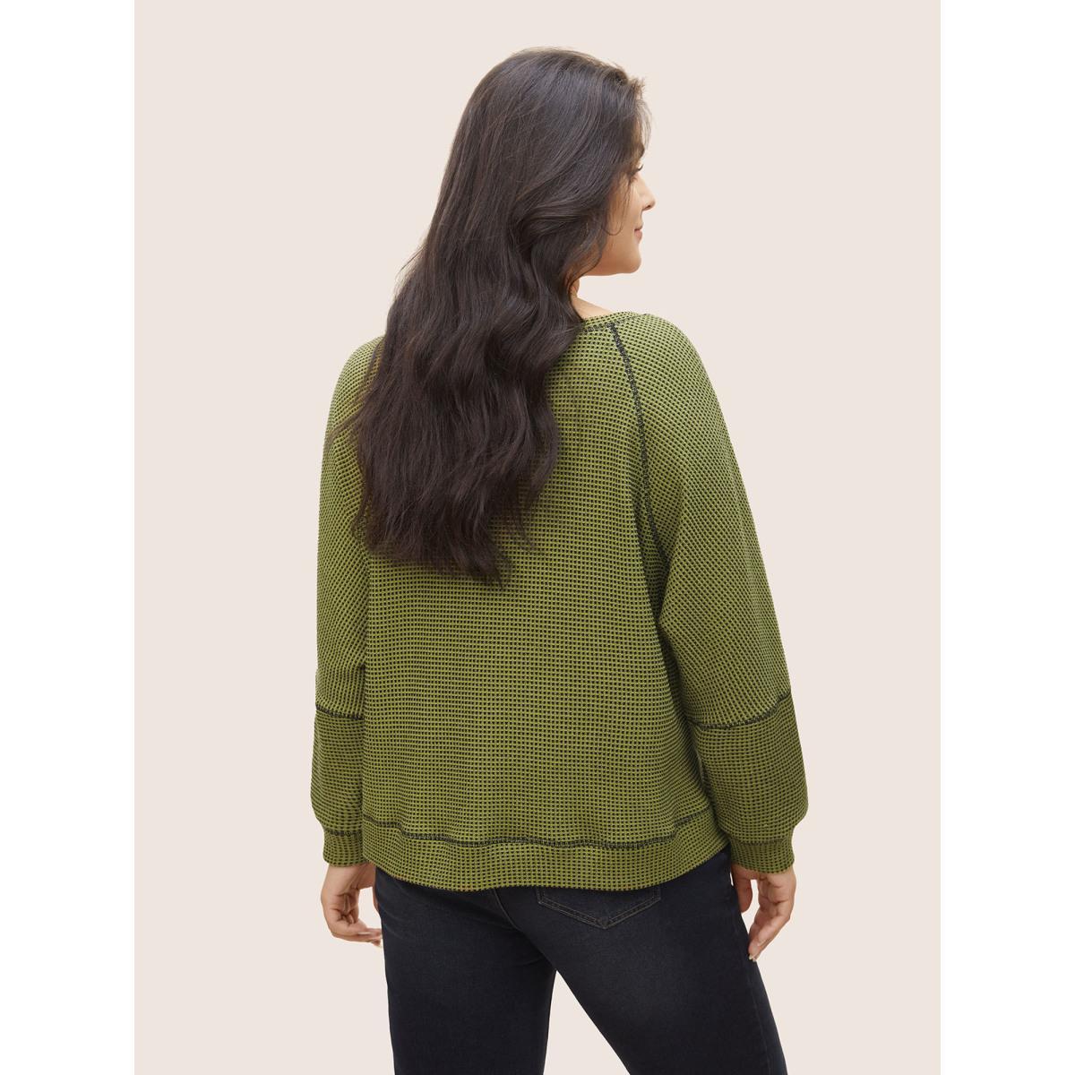 Plus Size Waffle Knit Notched Contrast Stitch Patchwork Sweatshirt Women ArmyGreen Casual Topstitching Notched collar Everyday Sweatshirts BloomChic 12/L Product Image