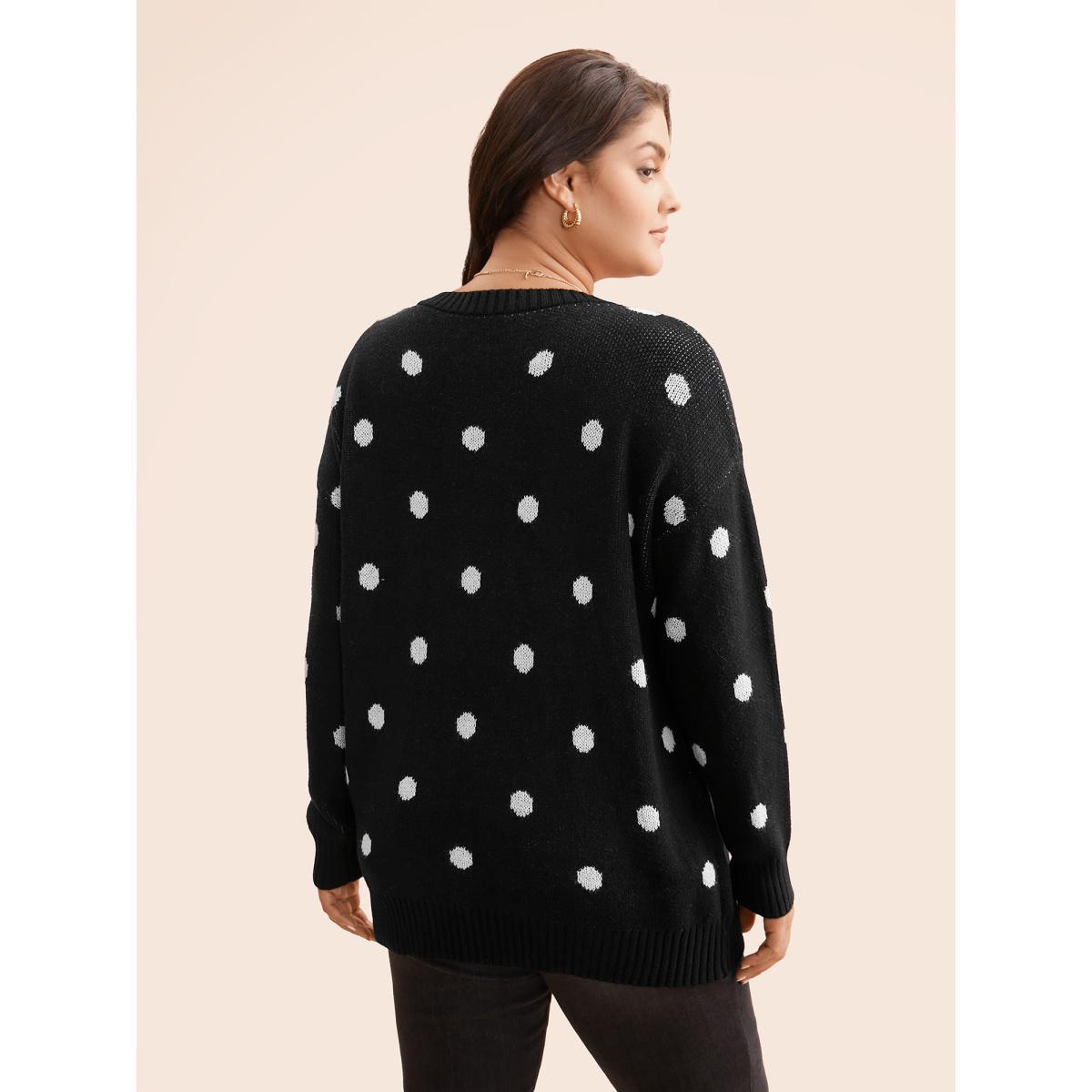 Plus Size Polka Dot Drop Shoulder Sleeve Pullover Black Women Casual Loose Long Sleeve Round Neck Everyday Pullovers BloomChic 12/L Product Image