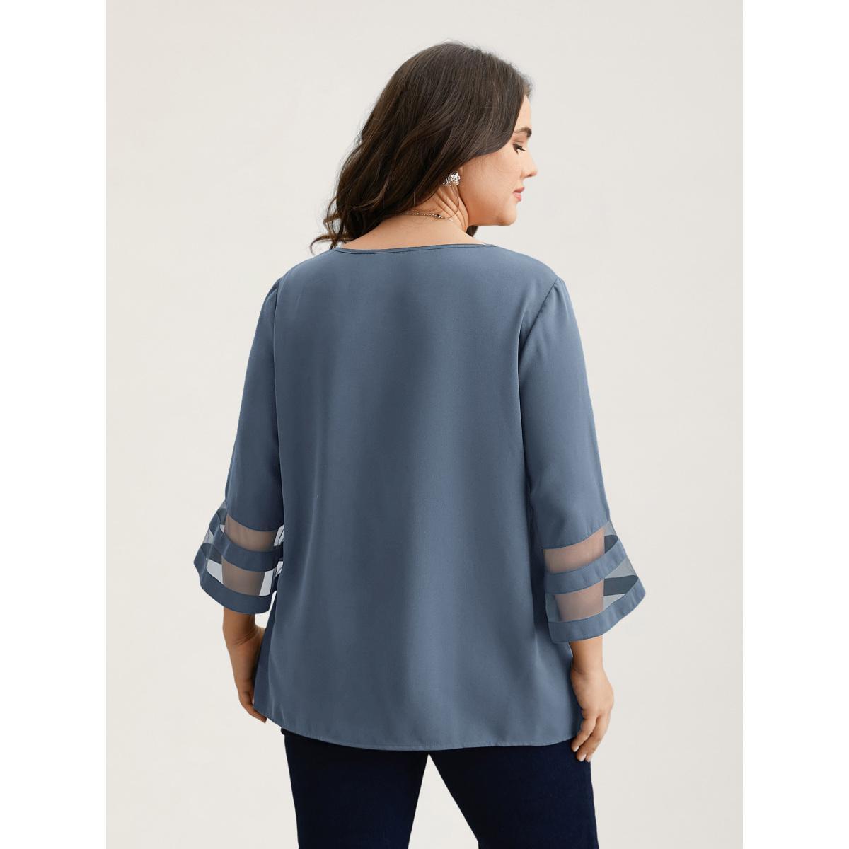 Plus Size Mauve Sheer Sleeve Patchwork Asymmetrical Neckline Blouse Women At the Office Elbow-length sleeve Asymmetrical Neck Work Blouses BloomChic 12/L Product Image