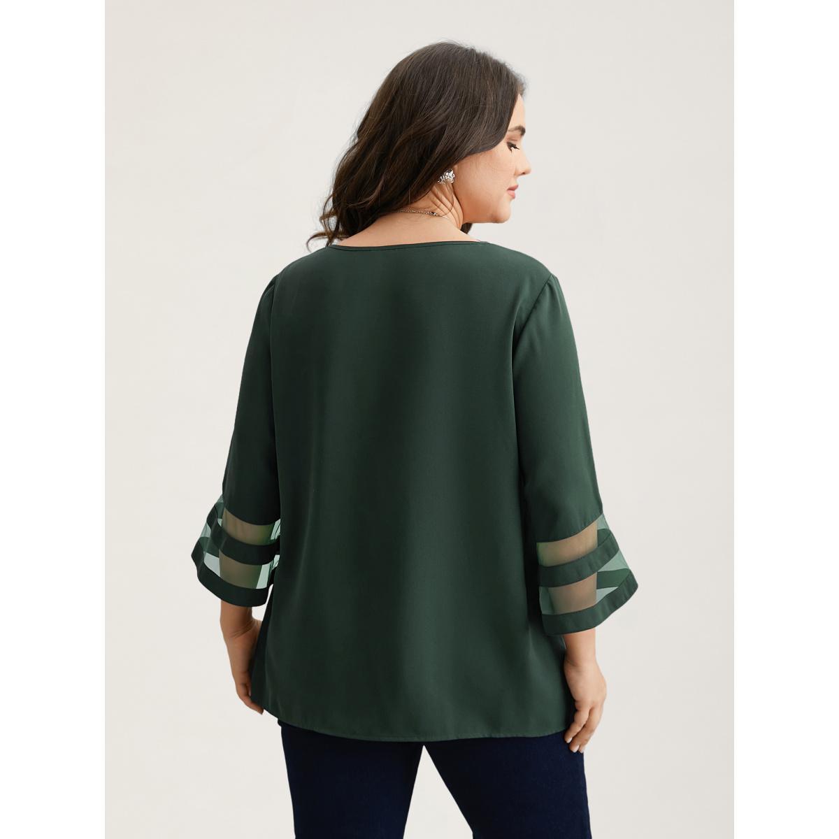Plus Size DarkGreen Sheer Sleeve Patchwork Asymmetrical Neckline Blouse Women At the Office Elbow-length sleeve Asymmetrical Neck Work Blouses BloomChic 10/M Product Image