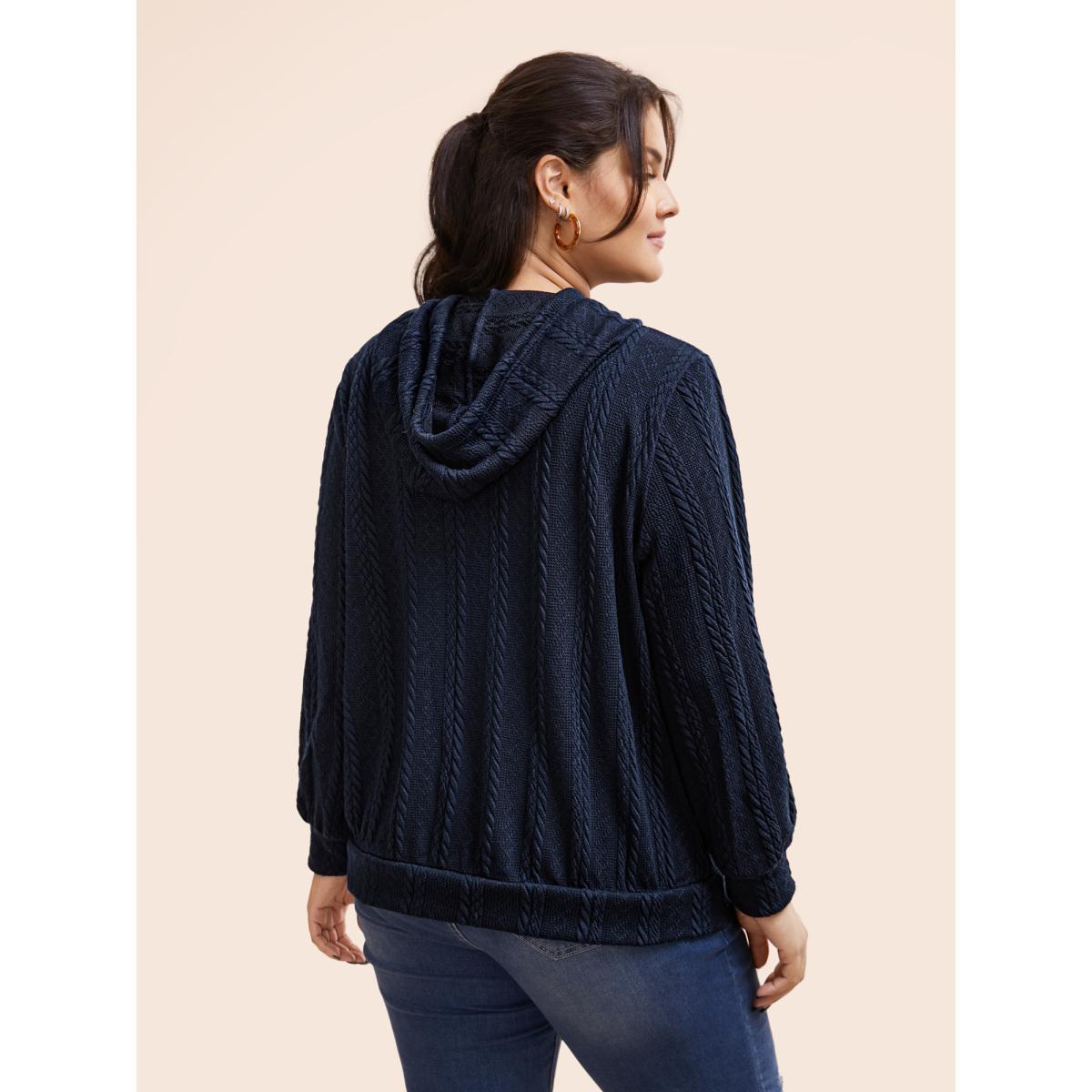 Plus Size Solid Cable Knit Hooded Drawstring Sweatshirt Women DarkBlue Casual Texture Hooded Everyday Sweatshirts BloomChic 26/4X Product Image