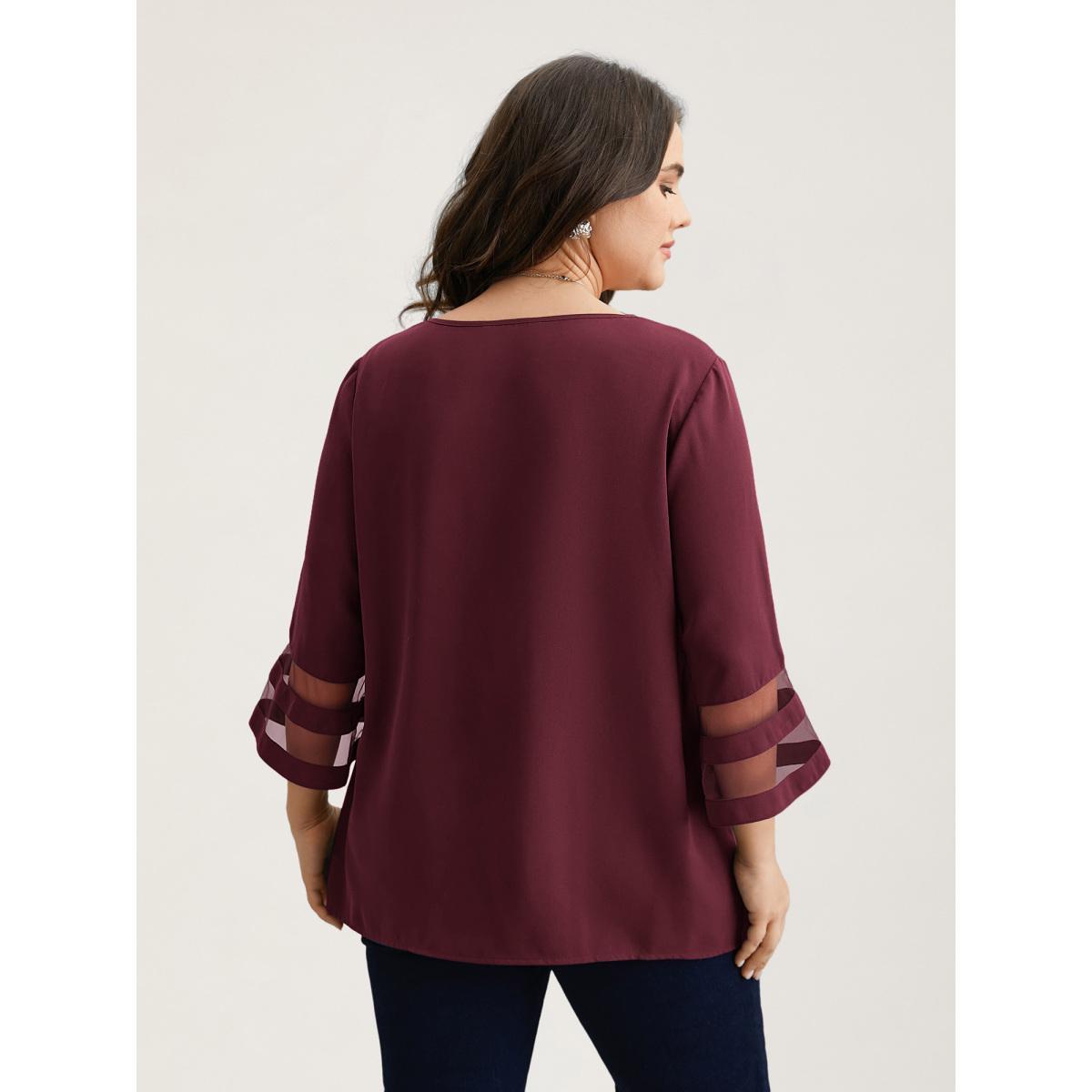Plus Size DarkGreen Sheer Sleeve Patchwork Asymmetrical Neckline Blouse Women At the Office Elbow-length sleeve Asymmetrical Neck Work Blouses BloomChic 10/M Product Image
