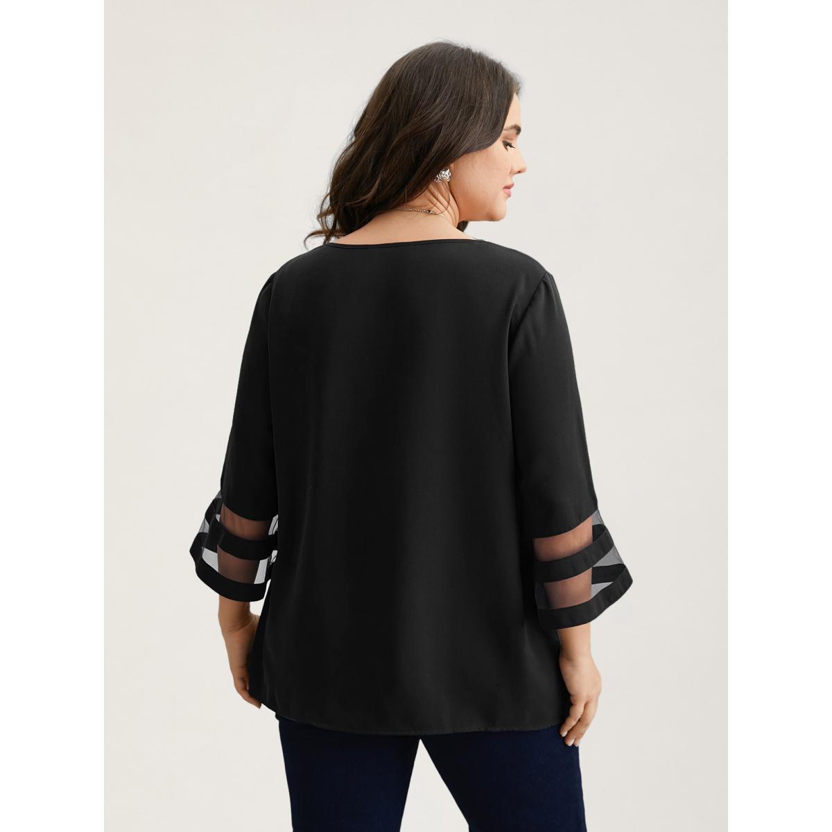 Plus Size Black Sheer Sleeve Patchwork Asymmetrical Neckline Blouse Women At the Office Elbow-length sleeve Asymmetrical Neck Work Blouses BloomChic 10/M Product Image