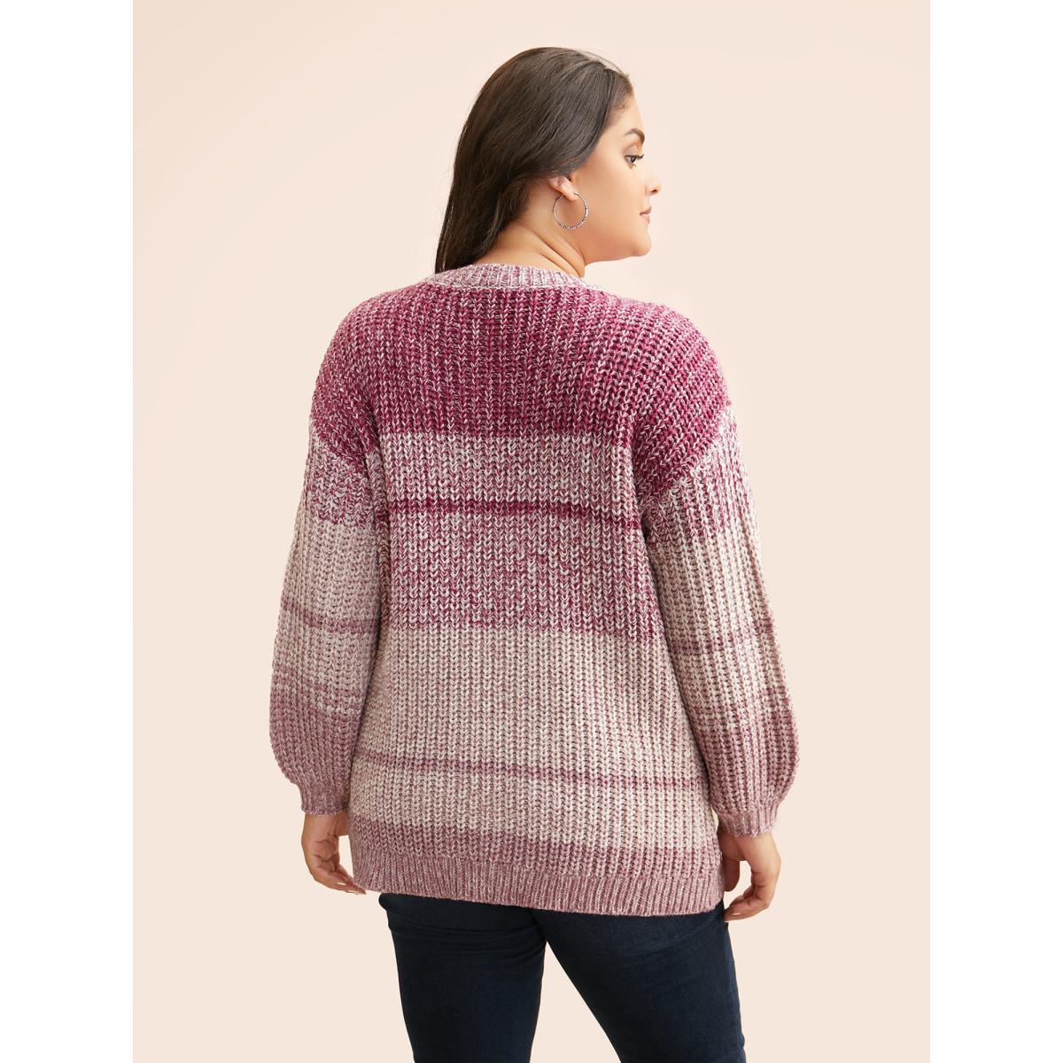 Plus Size Colorblock Contrast Puff Sleeve Pullover Peach Women Casual Loose Long Sleeve V-neck Everyday Pullovers BloomChic 12/L Product Image