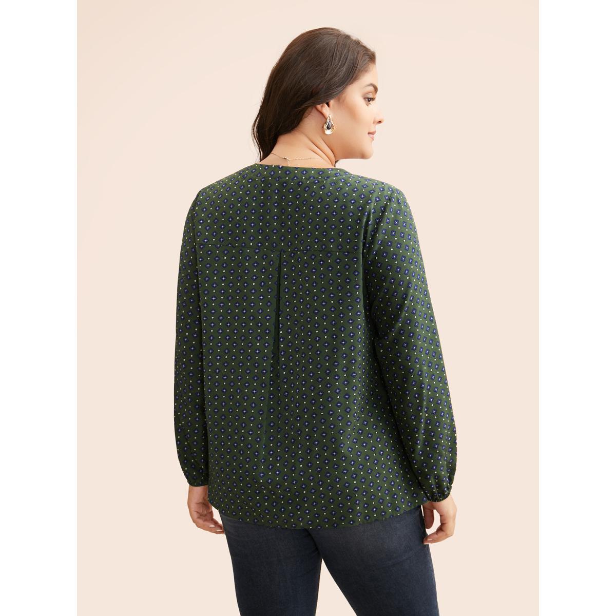 Plus Size ArmyGreen Notched Geometric Button Up Blouse Women At the Office Extra Long Sleeve Notched collar Work Blouses BloomChic 12/L Product Image