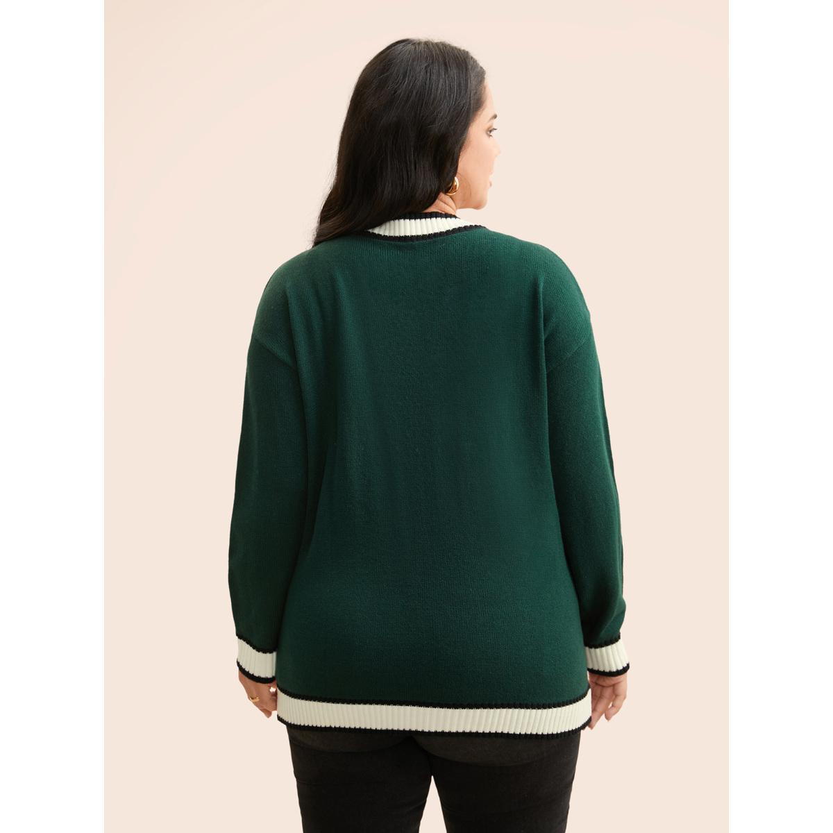 Plus Size Contrast Trim Button Up Pocket Cardigan DarkGreen Women Casual Loose Long Sleeve Everyday Cardigans BloomChic 26/4X Product Image