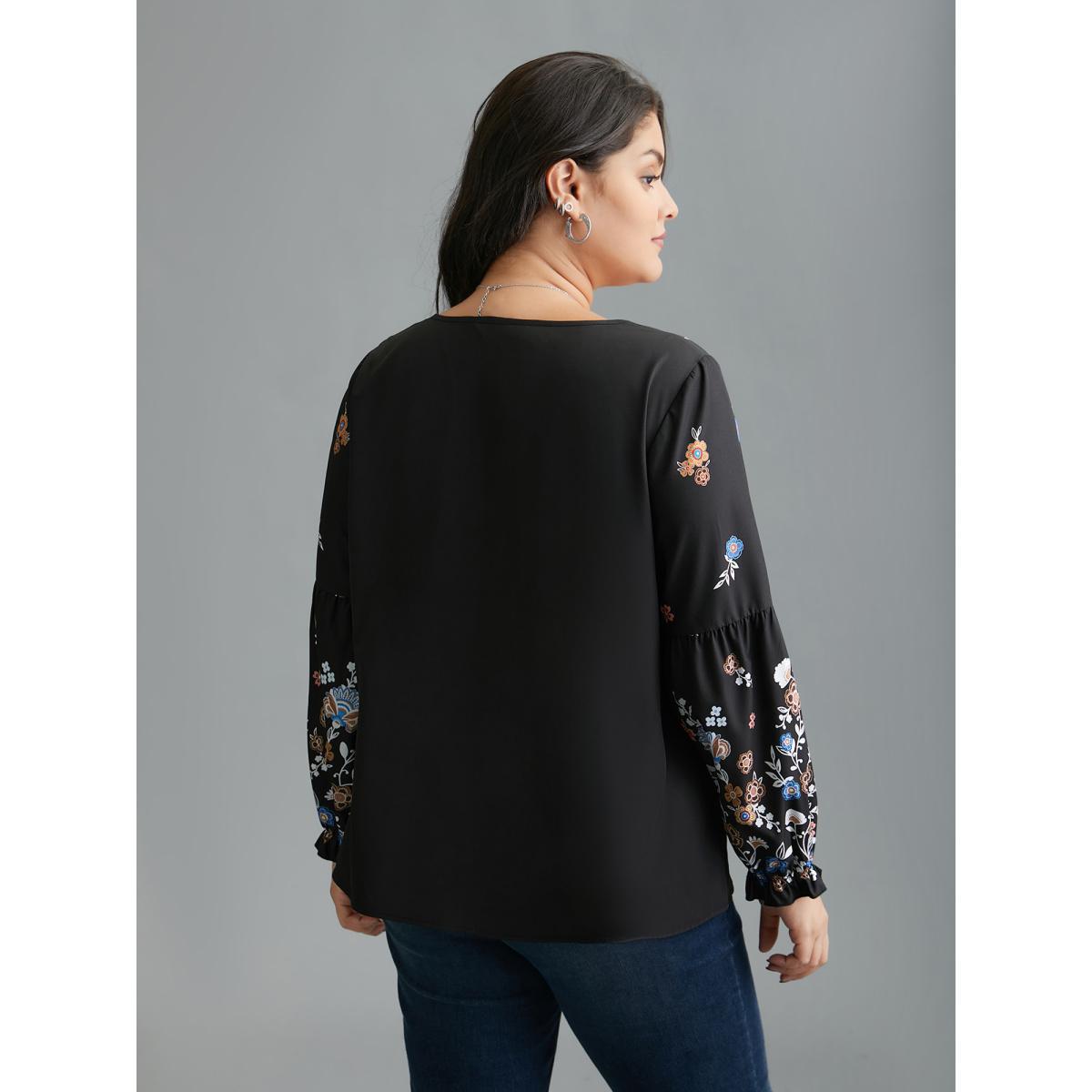 Plus Size Black Floral Puffy Sleeve V-Neck Blouse Women Elegant Long Sleeve Notched collar Everyday Blouses BloomChic 28/5X Product Image