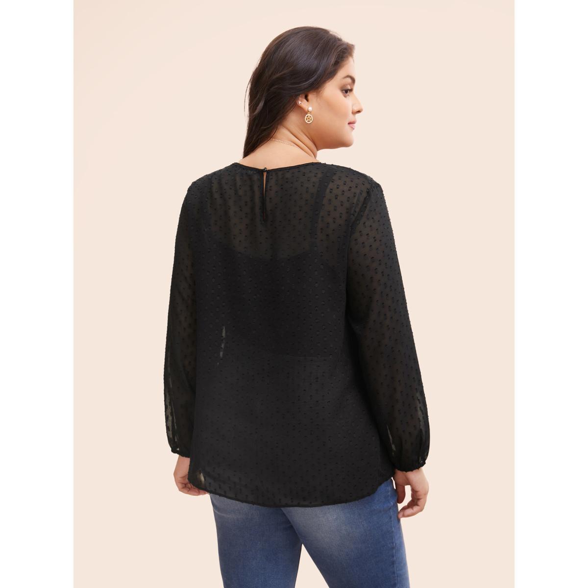 Plus Size Black Appliques Mesh Round Neck Lantern Sleeve Blouse Women Elegant Long Sleeve Round Neck Everyday Blouses BloomChic 30/6X Product Image