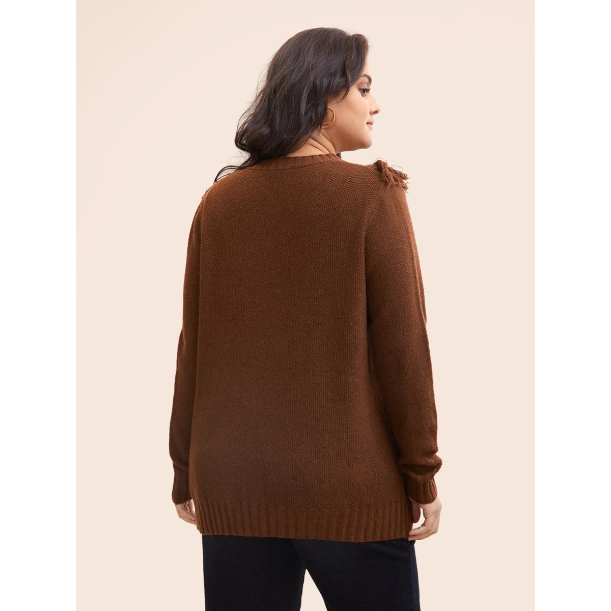 Plus Size Tassel-Front High Neck Pullover DarkBrown Women Casual Long Sleeve Round Neck Everyday Pullovers BloomChic 30/6X Product Image