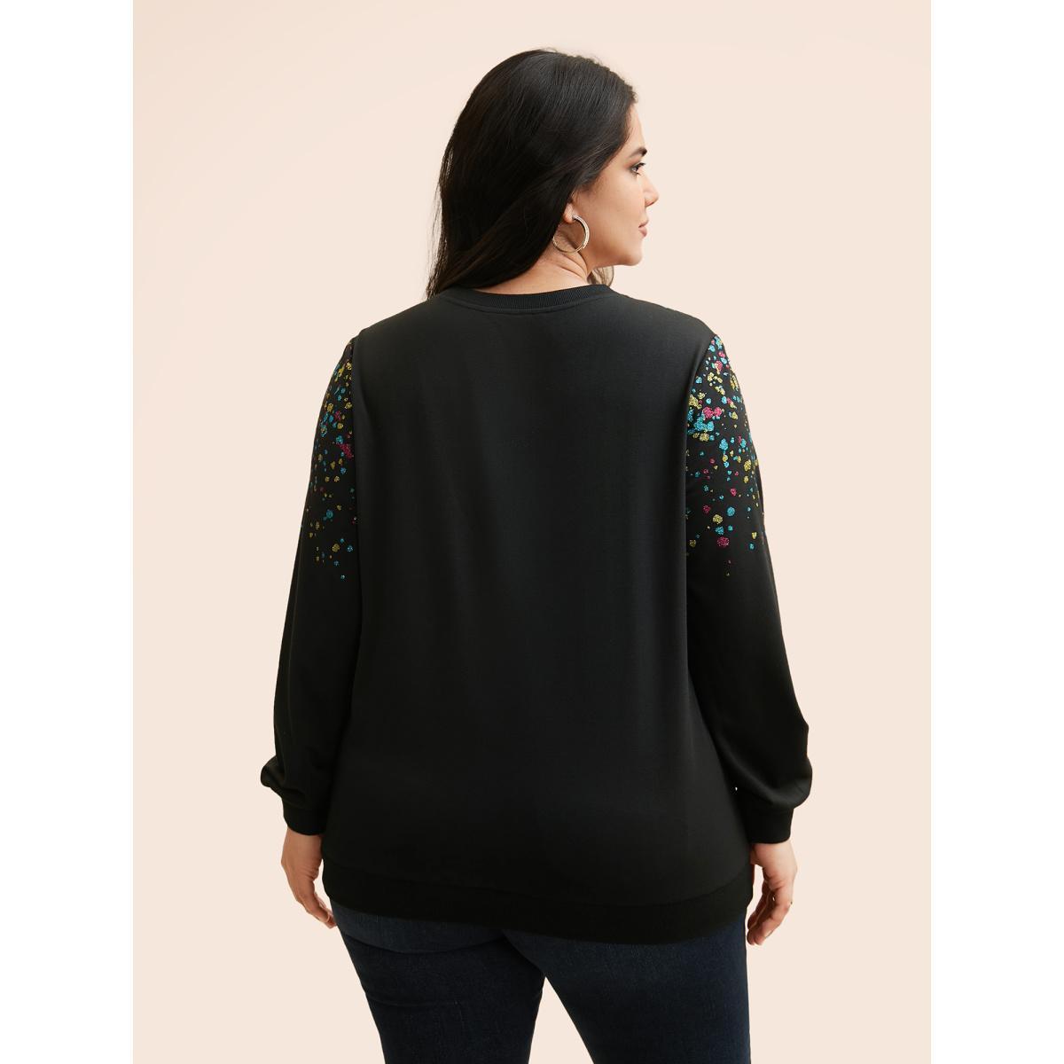Plus Size Crew Neck Color Glitter Sweatshirt Women Black Casual Patchwork Round Neck Everyday Sweatshirts BloomChic 30/6X Product Image