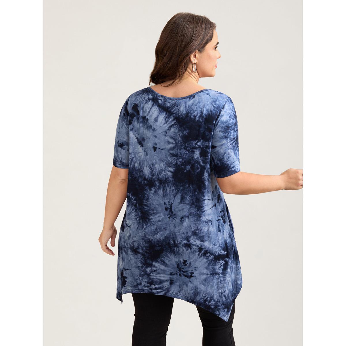 Plus Size Tie-Dye Stretchy Asymmetrical Hem T-Shirt Indigo Women Casual Asymmetrical V-neck Loose Everyday T-shirts BloomChic 28/5X Product Image