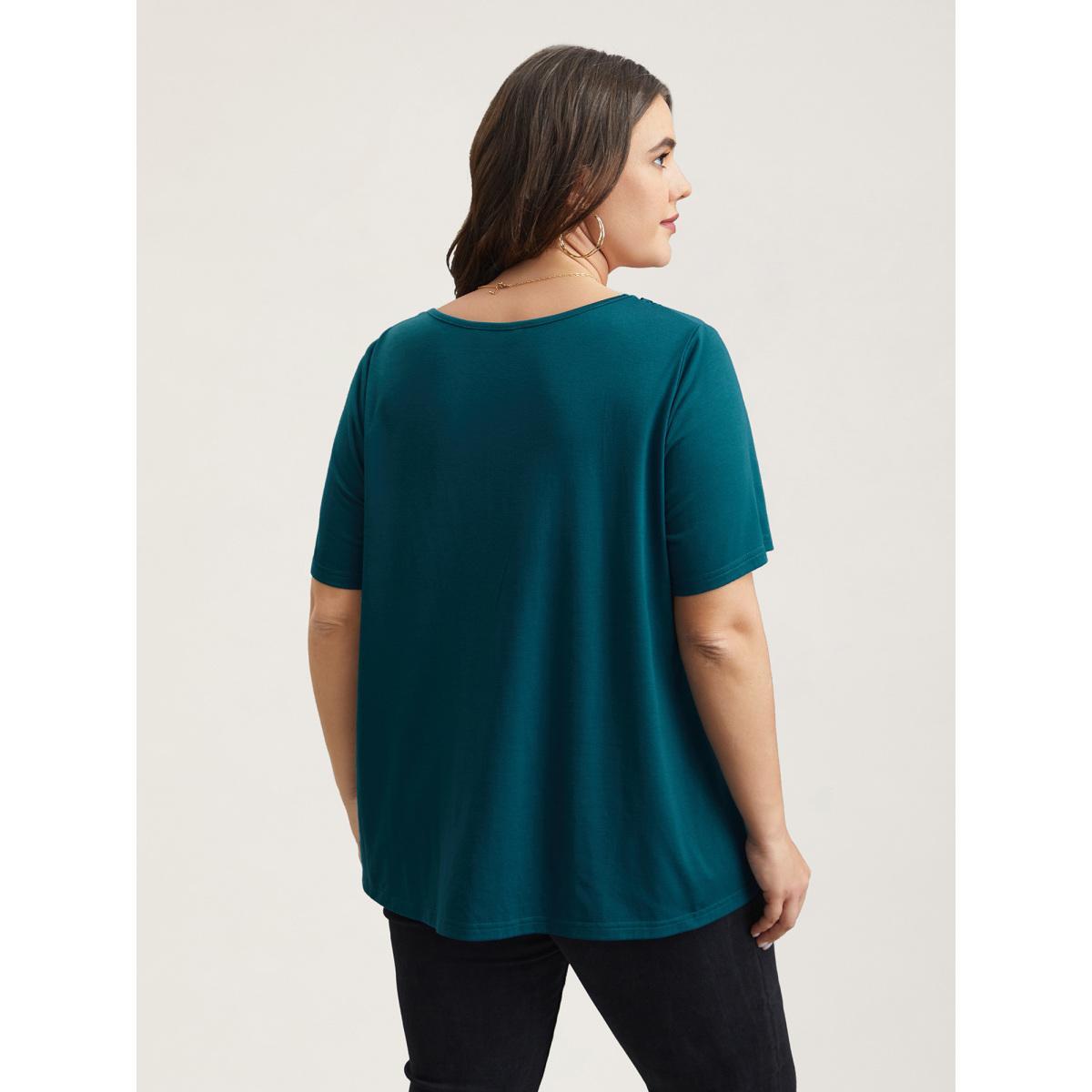 Plus Size Lace Trim Pleated Round Neck T-Shirt Cyan Women Casual Woven ribbon&lace trim Lace collar Everyday T-shirts BloomChic 26/4X Product Image