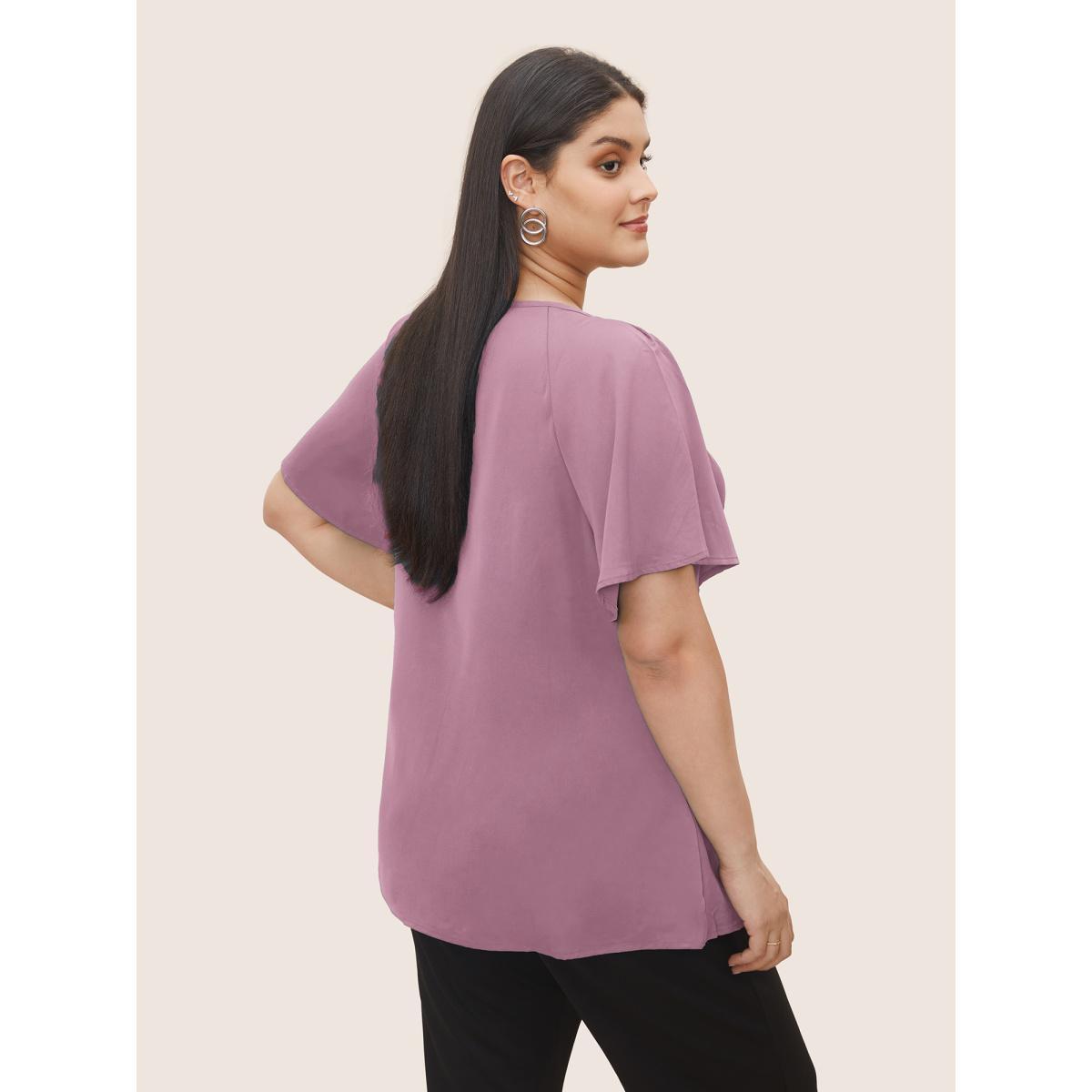 Plus Size Pink Plain Keyhole Knotted Front Ruffle Sleeve Blouse Women Work From Home Short sleeve Round Neck Work Blouses BloomChic 12/L Product Image