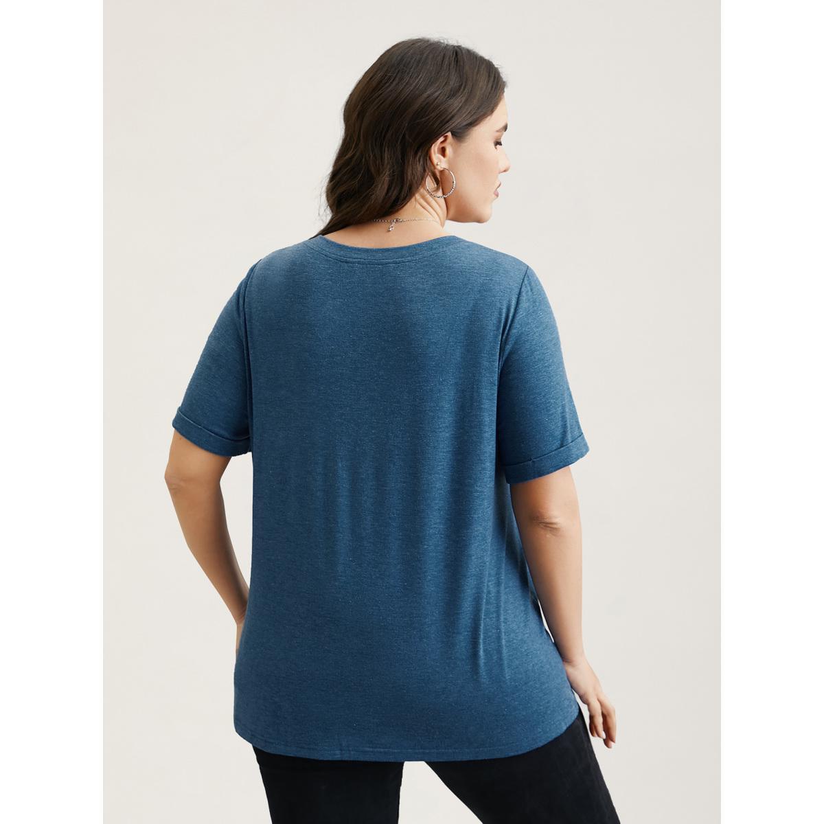 Plus Size Button-Front Half Sleeve Fitted T-Shirt Cerulean Women Casual Roll Hem Notched collar Everyday T-shirts BloomChic 14-16/1X Product Image