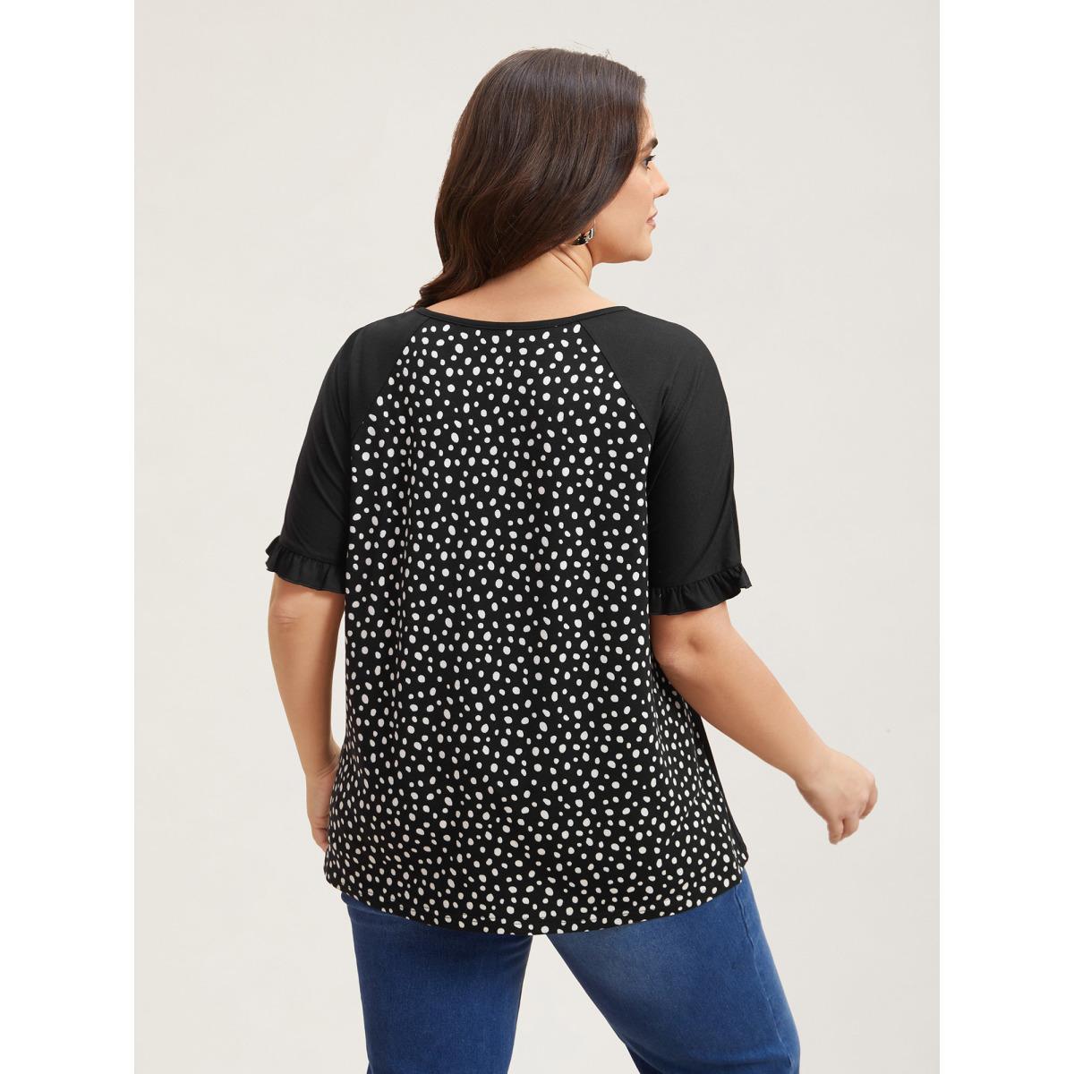 Plus Size Printed Spliced Raglan Sleeve Ruffled T-Shirt Black Women Casual Contrast Round Neck Everyday T-shirts BloomChic 28/5X Product Image
