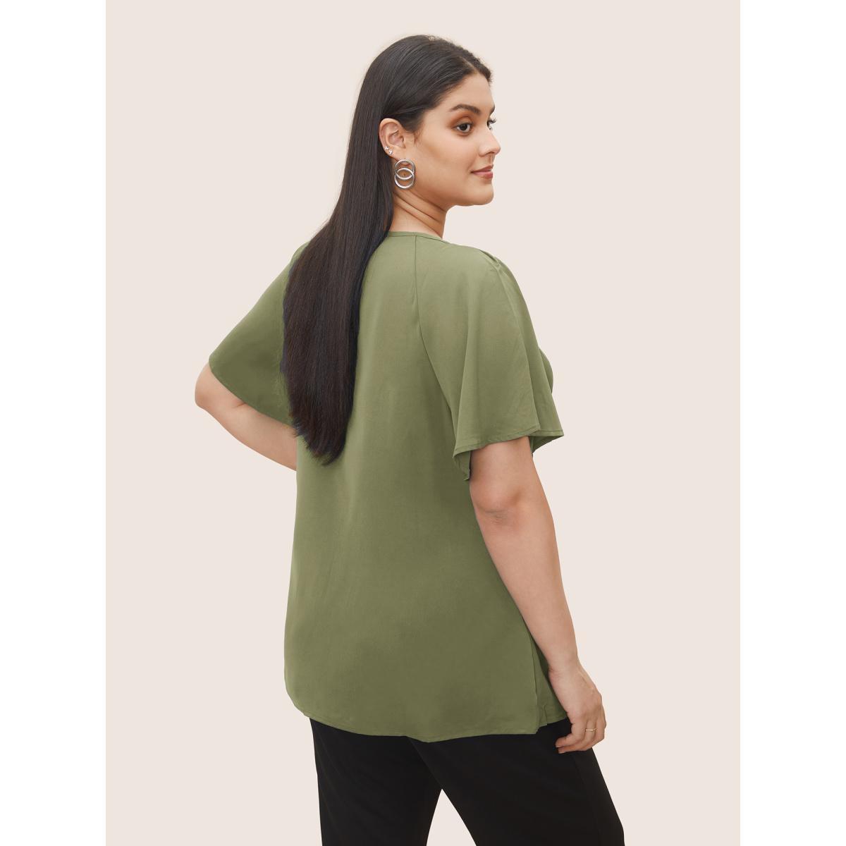 Plus Size ArmyGreen Plain Keyhole Knotted Front Ruffle Sleeve Blouse Women Work From Home Short sleeve Round Neck Work Blouses BloomChic 18-20/2X Product Image