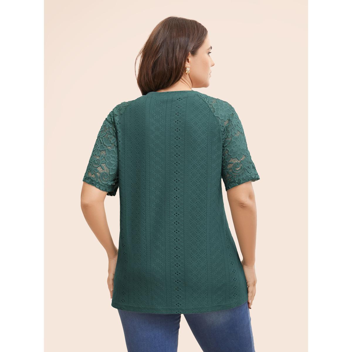 Plus Size Solid Broderie Anglaise Lace Raglan Sleeve T-shirt Cyan Women Elegant See through Plain Round Neck Everyday T-shirts BloomChic 14-16/1X Product Image