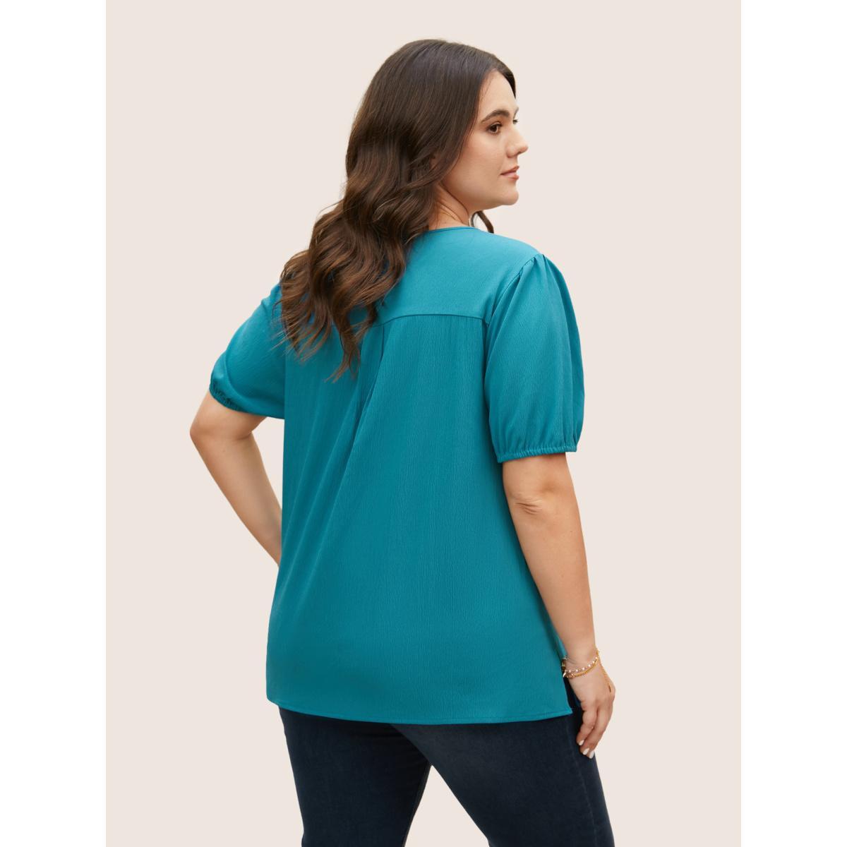 Plus Size Cerulean V Neck Button Detail Pleated Split Hem Blouse Women Casual Short sleeve V-neck Everyday Blouses BloomChic 10/M Product Image