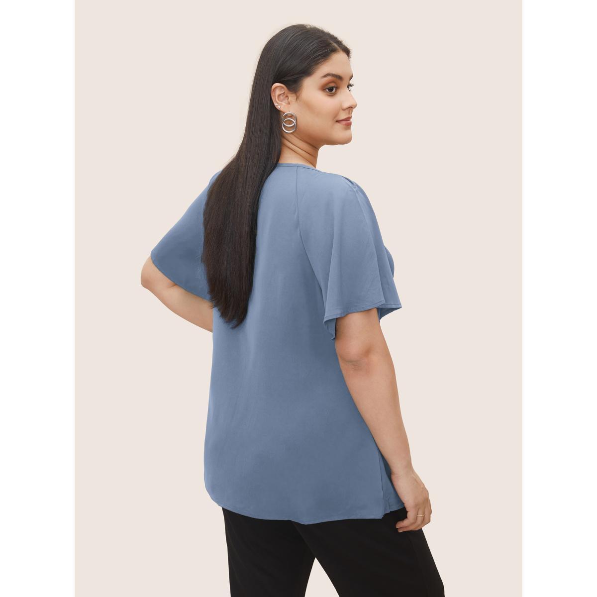 Plus Size Pink Plain Keyhole Knotted Front Ruffle Sleeve Blouse Women Work From Home Short sleeve Round Neck Work Blouses BloomChic 12/L Product Image