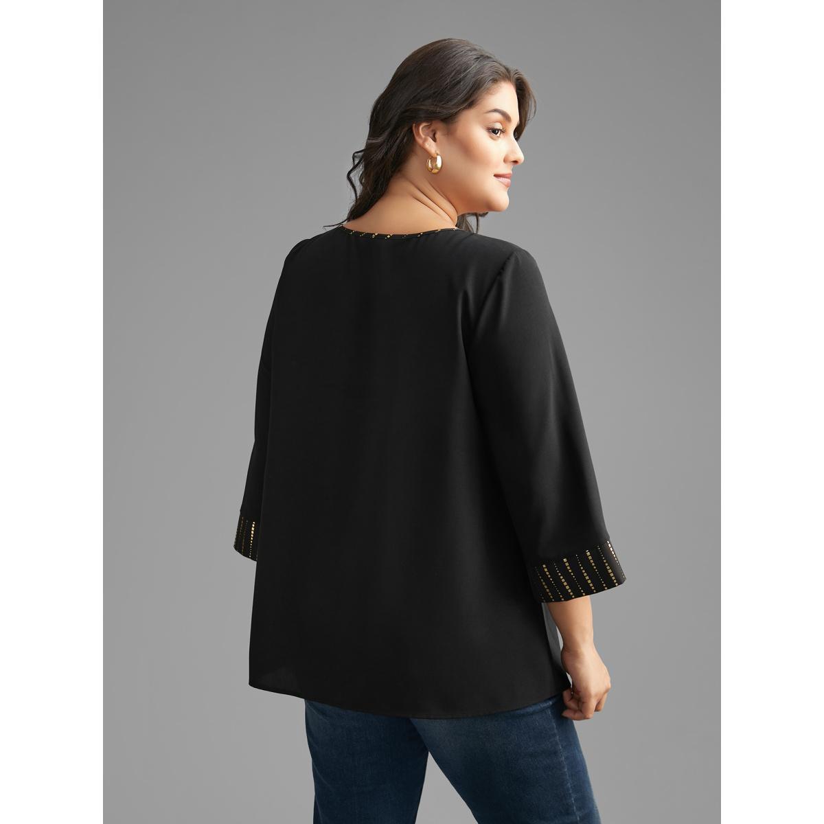 Plus Size Black Crew Neck Glitter Patchwork Contrast Blouse Women Cocktail Long Sleeve Round Neck Party Blouses BloomChic 22-24/3X Product Image