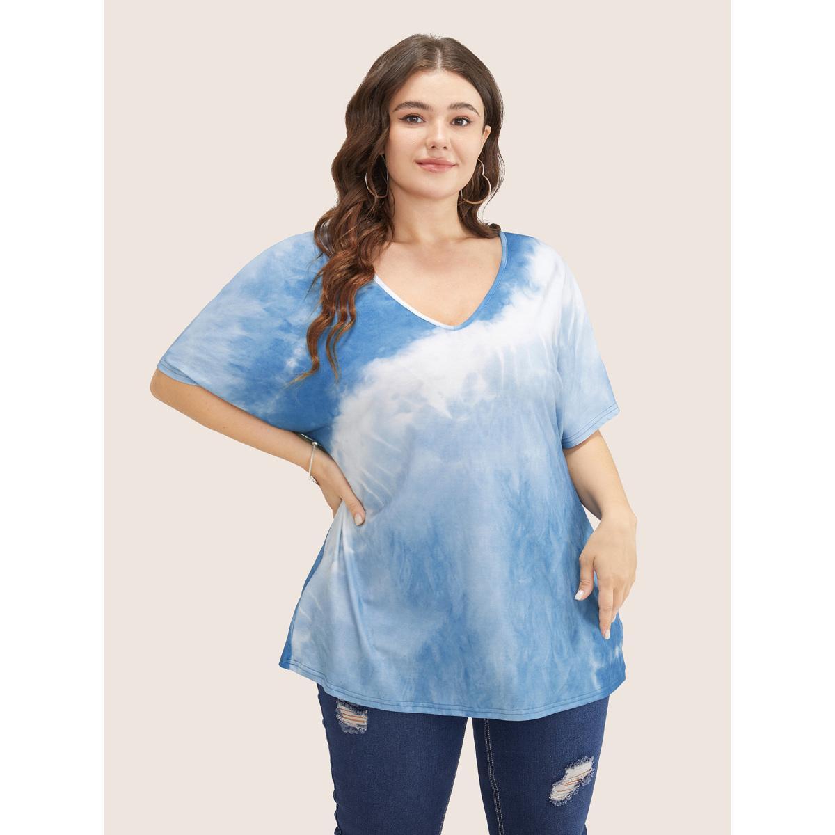 Plus Size Tie Dye Drop Shoulder V Neck T-shirt Stone Women Resort Tie Dye V-neck Vacation T-shirts BloomChic 22-24/3X Product Image