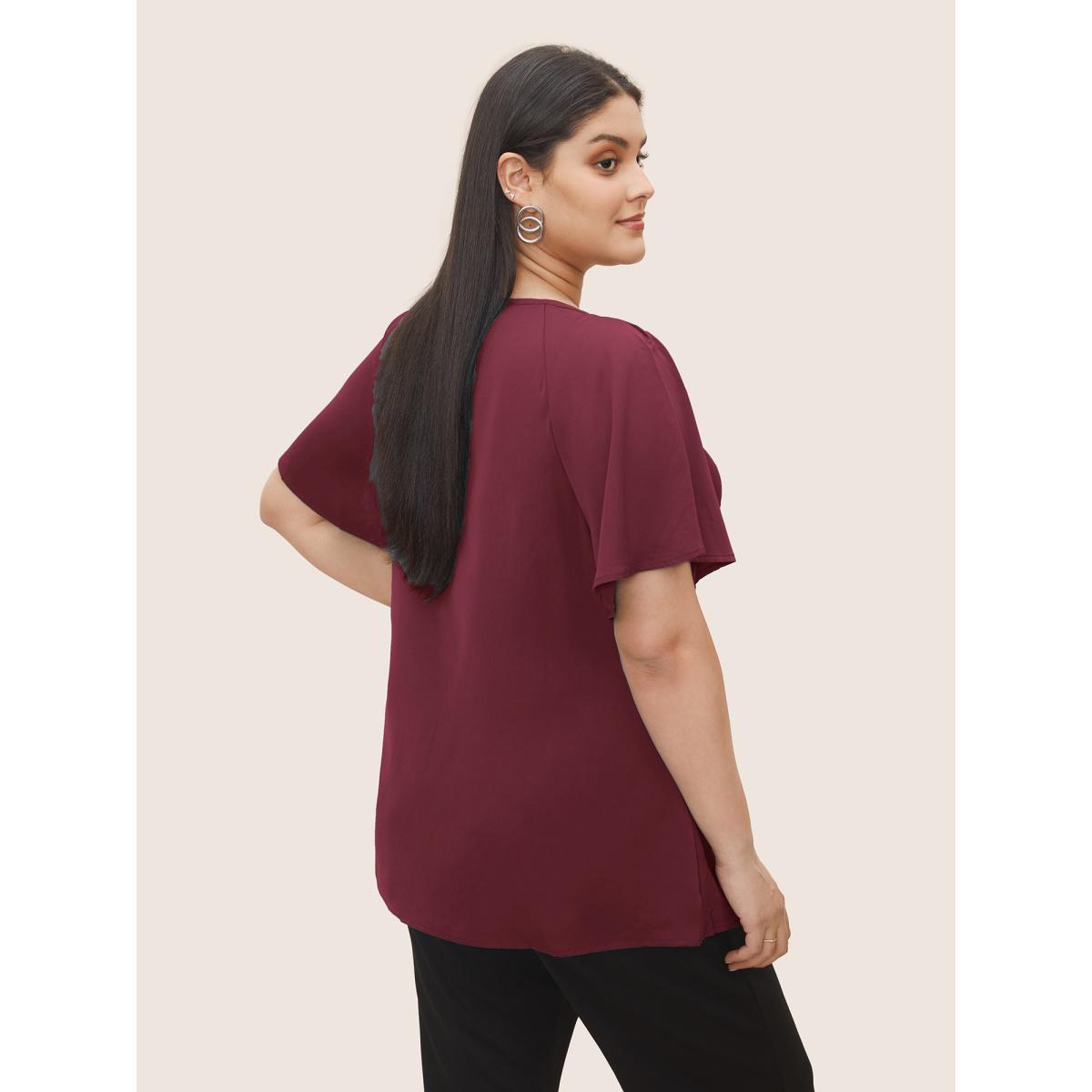 Plus Size Scarlet Plain Keyhole Knotted Front Ruffle Sleeve Blouse Women Work From Home Short sleeve Round Neck Work Blouses BloomChic 14-16/1X Product Image