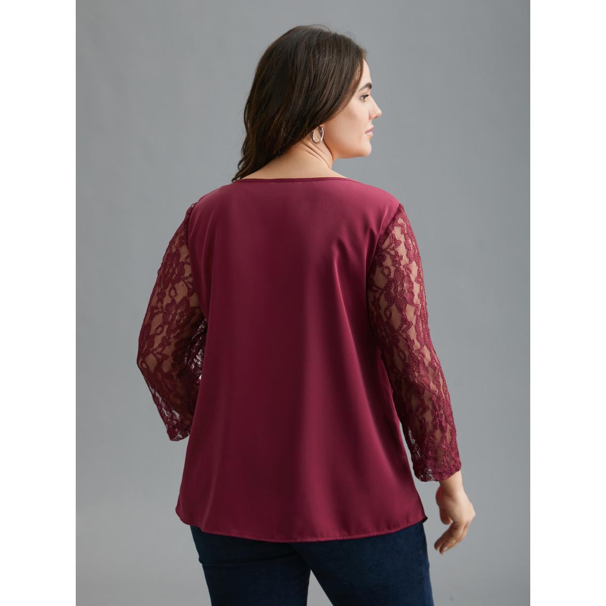 Plus Size RedViolet Sheer Lace Sleeve Neck Cut-Out Shirt Women Elegant Three Quater Length Sleeve Round Neck Everyday Blouses BloomChic 22-24/3X Product Image