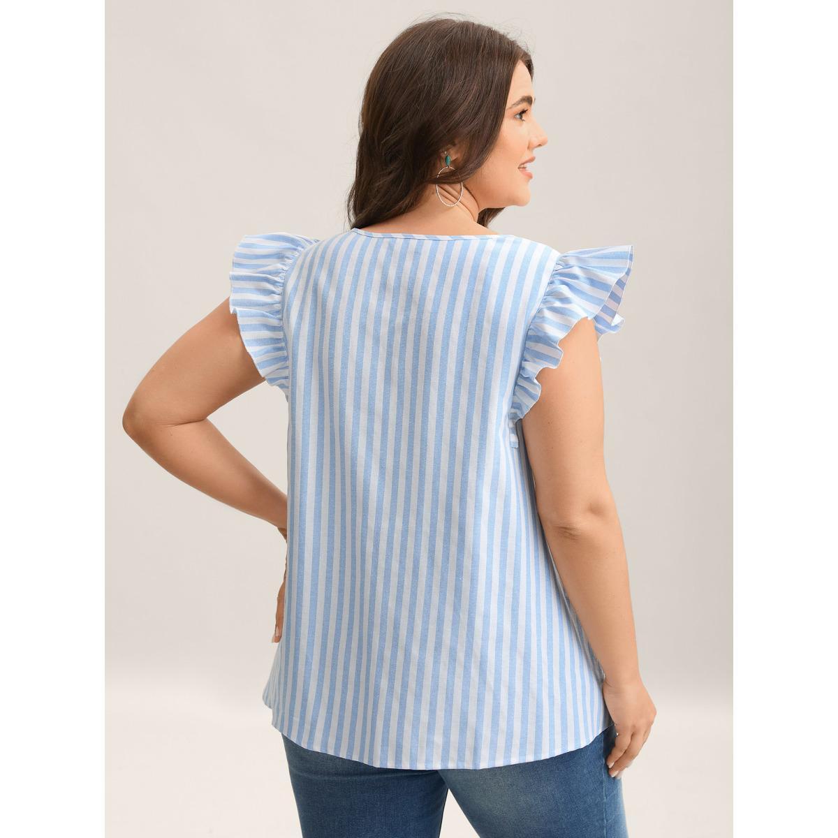 Plus Size Skyblue Embroidered Stripe Neck Tie Blouse Women Cap Sleeve Notched collar Vacation Blouses BloomChic 22-24/3X Product Image