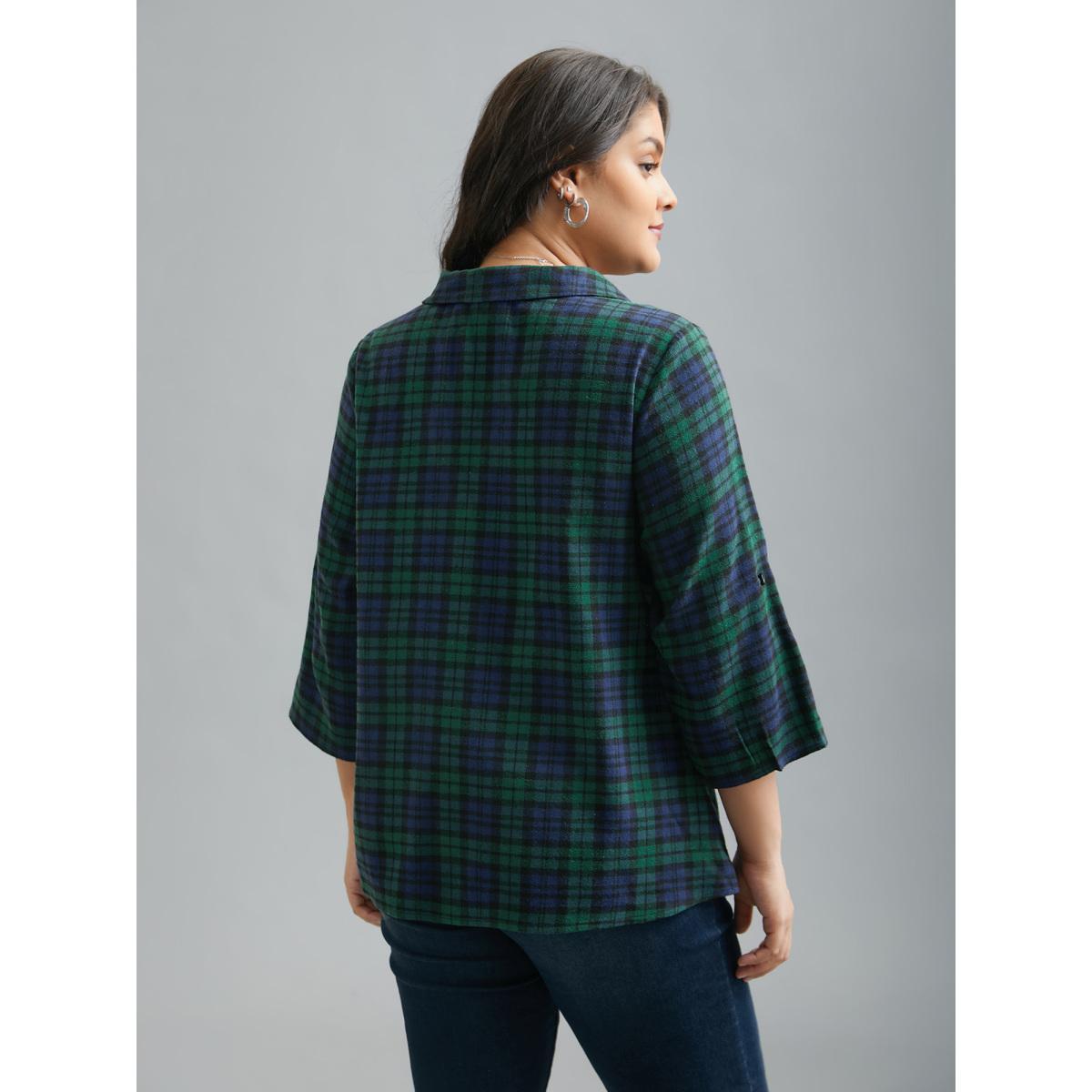 Plus Size DarkGreen Plaid Print Tab Sleeve Blouse Women At the Office Elbow-length sleeve Shirt collar Work Blouses BloomChic 18-20/2X Product Image
