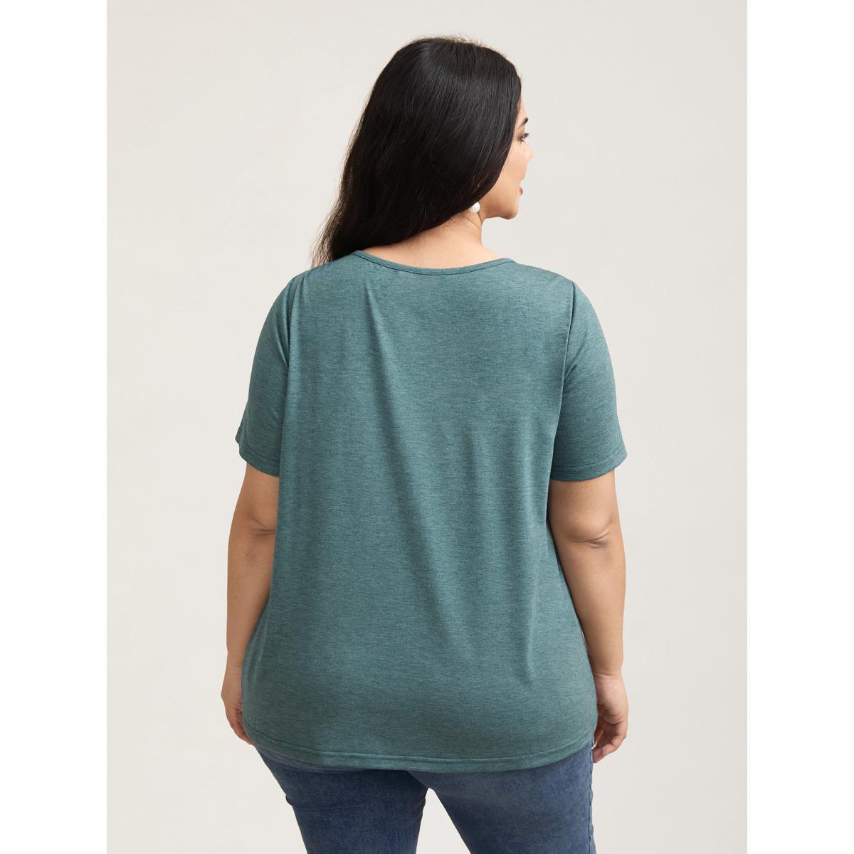 Plus Size Shirred Detail Round Neck T-Shirt Cyan Women Elegant Shirred Round Neck Everyday T-shirts BloomChic 14-16/1X Product Image