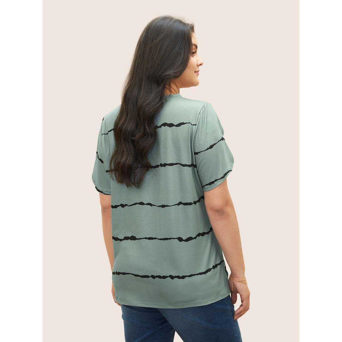 Plus Size Striped Contrast Petal Sleeve T-shirt Mint Women Elegant Striped Everyday T-shirts BloomChic 10/M Product Image
