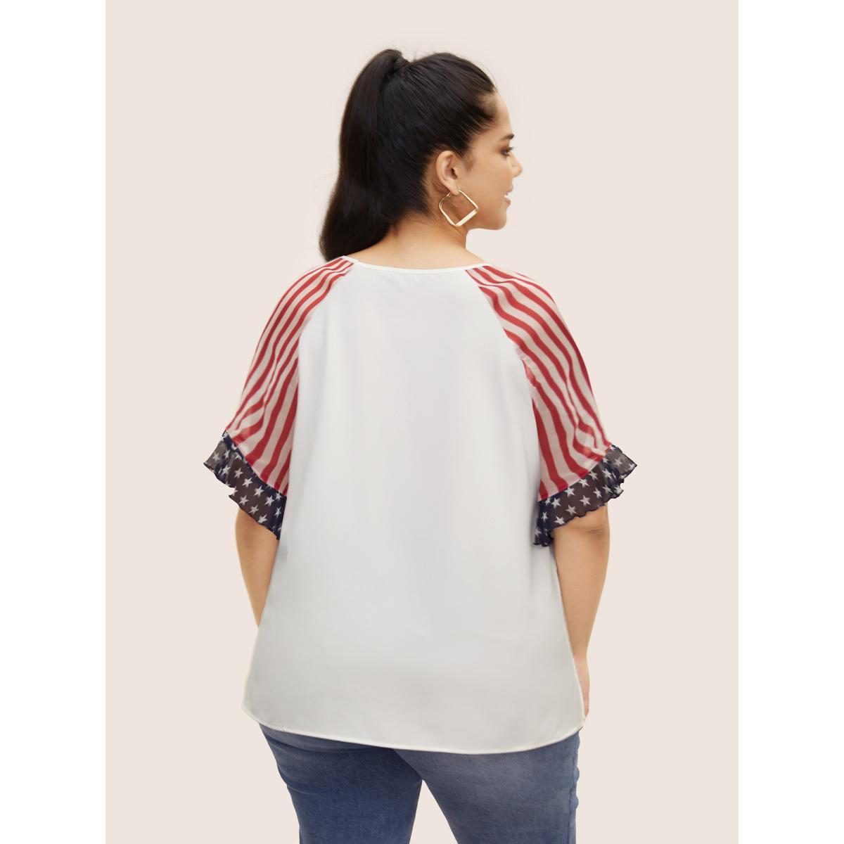 Plus Size Multicolor Star & Striped Ruffles Raglan Sleeve Blouse Women Casual Short sleeve V-neck Everyday Blouses BloomChic 12/L Product Image