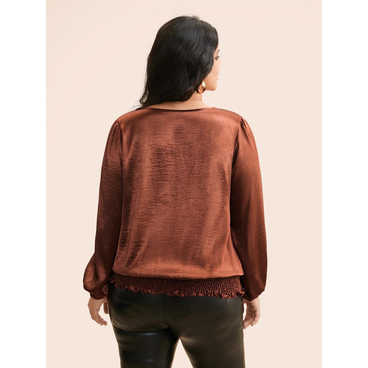 Plus Size Browncoffeecolor Overlap Collar Shirred Lace Trim Blouse Women Cocktail Long Sleeve Overlap Collar Party Blouses BloomChic 14-16/1X Product Image