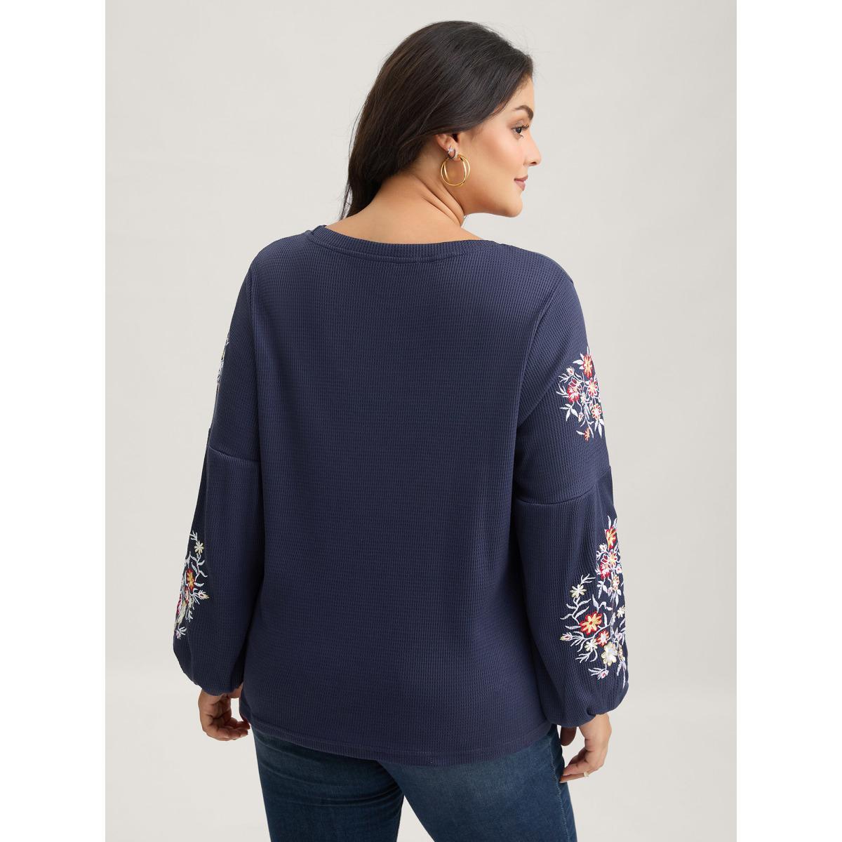 Plus Size Waffle Knit Floral Embroidered Lantern Sleeve T-shirt Indigo Women Elegant Texture Floral Round Neck Everyday T-shirts BloomChic 28/5X Product Image