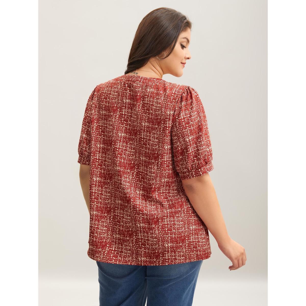 Plus Size Scarlet Geometric Print Puff Sleeve Blouse Women Elegant Short sleeve Flat collar with V-notch Everyday Blouses BloomChic 18-20/2X Product Image