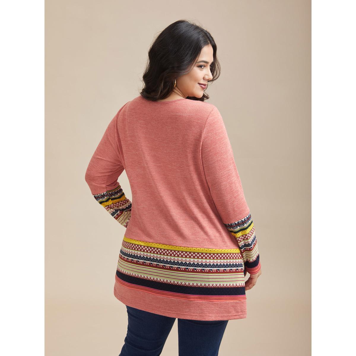 Plus Size Tunic Boho Print Pocket T-shirt Watermelon Women Casual Contrast Round Neck Loose Everyday T-shirts BloomChic 10/M Product Image