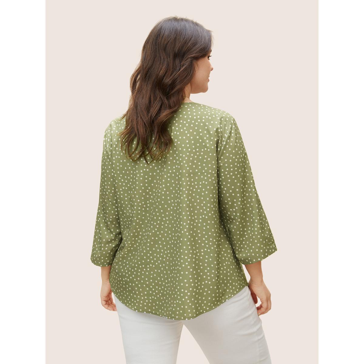 Plus Size Sage Polka Dot Button Cuff Sleeve Pleated Blouse Women At the Office Elbow-length sleeve V-neck Work Blouses BloomChic 30/6X Product Image