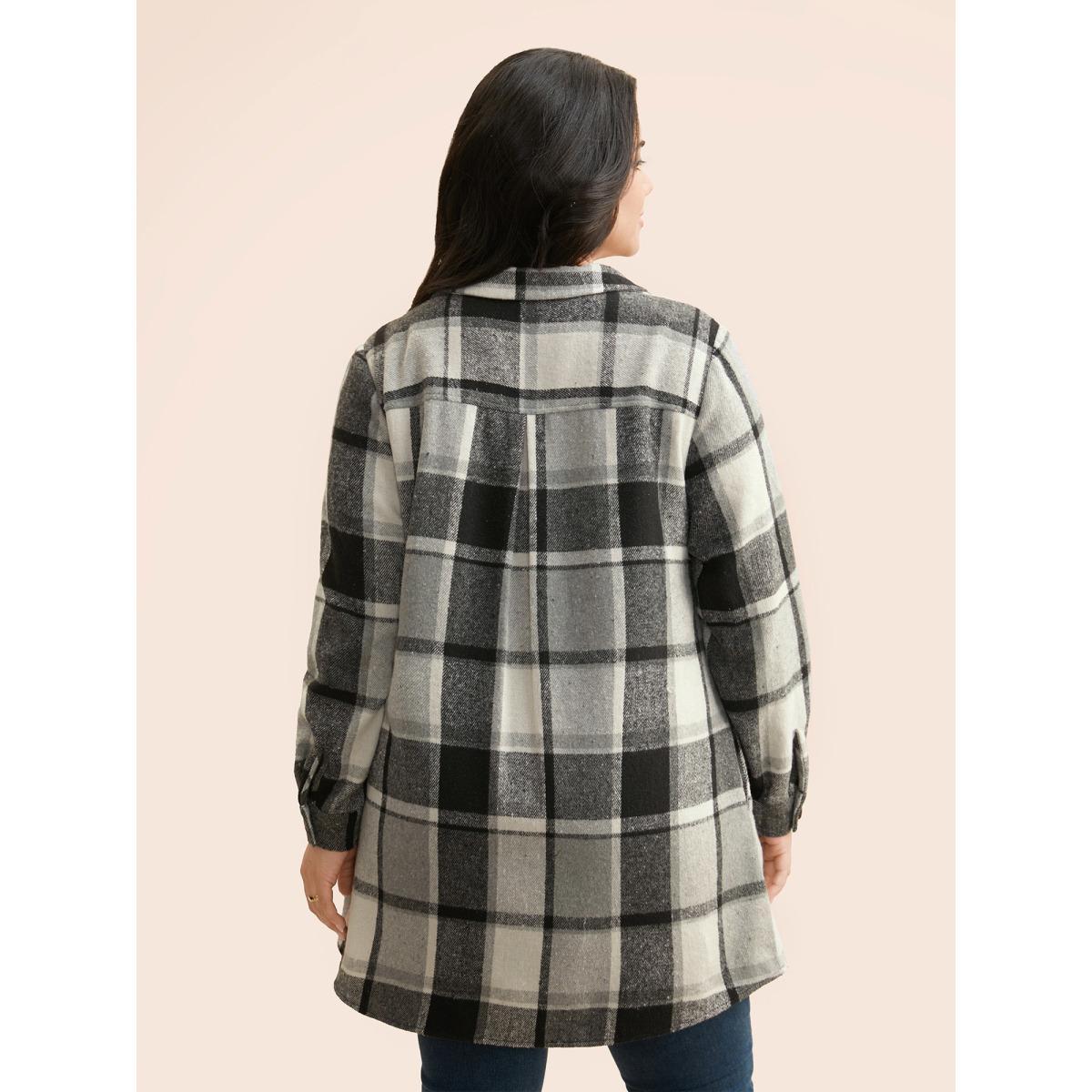 Plus Size Plaid Chest Pockets Long Jacket Women Black Button Loose Side seam pocket Everyday Jackets BloomChic 30/6X Product Image